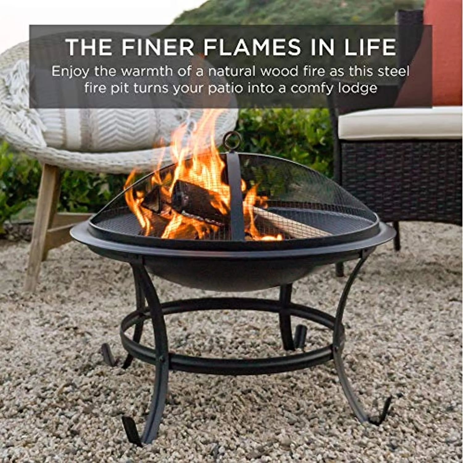 22-inch Outdoor Patio Steel Fire Pit Bowl BBQ Grill for Backyard, Camping, Picnic, Bonfire, Garden w/Spark Screen Cover