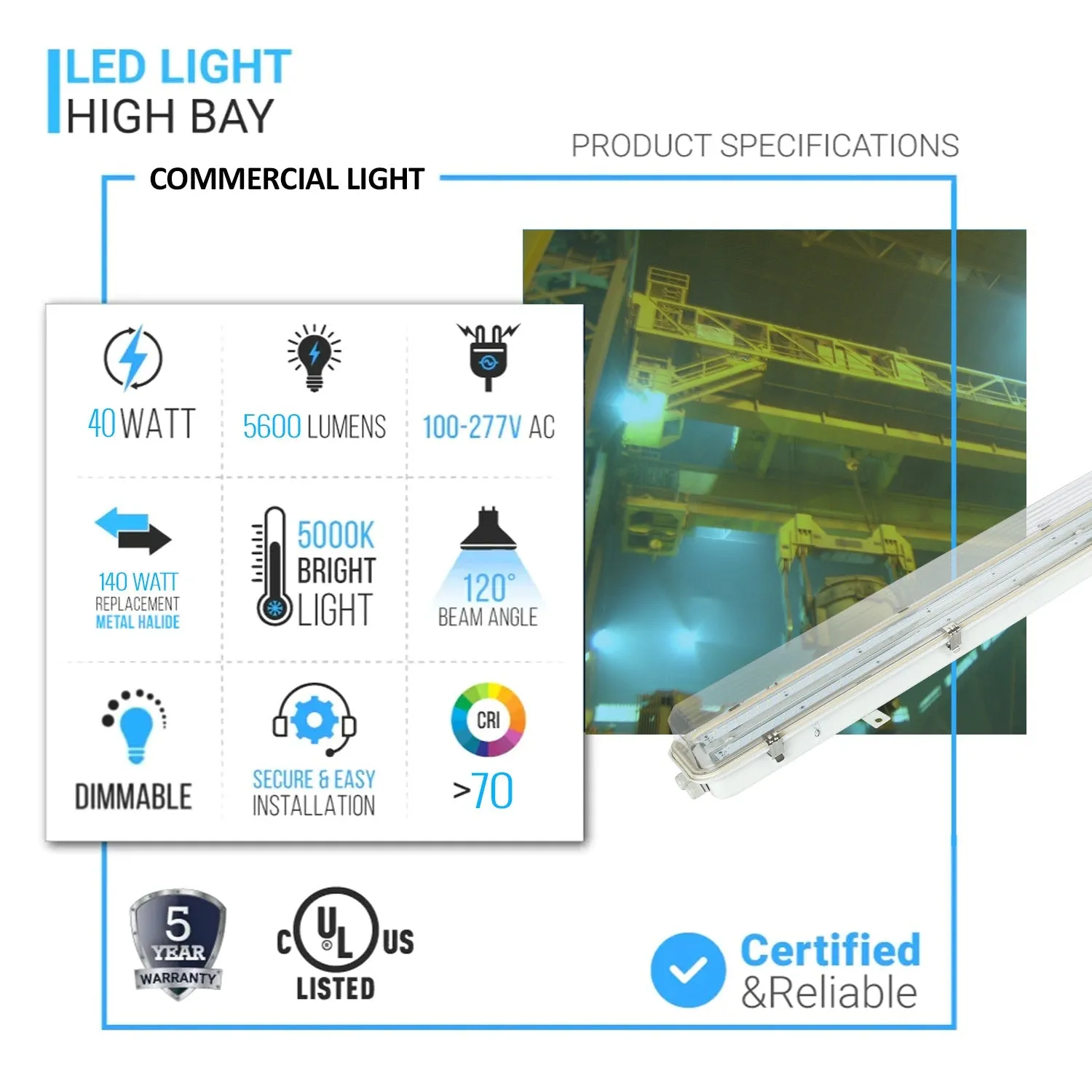 40 Watt 2FT LED Explosion Proof Vapor Proof Light, R Series, Dimmable, 5000K, 5600LM, AC100-277V, IP66, Hazardous Location Lighting Fixtures