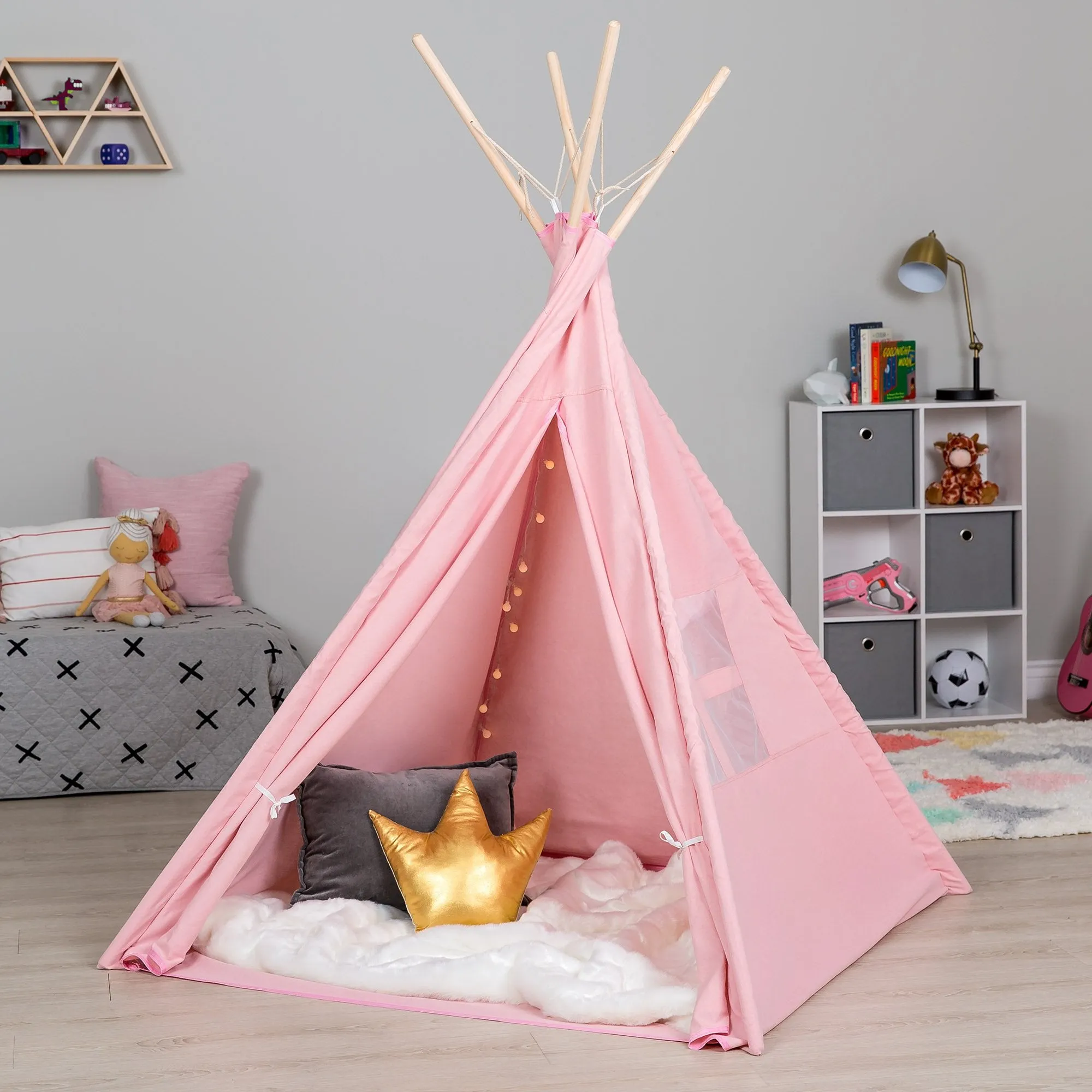 6ft Kids Cotton Pretend Teepee Play Tent w/ LED Lights, Carrying Bag