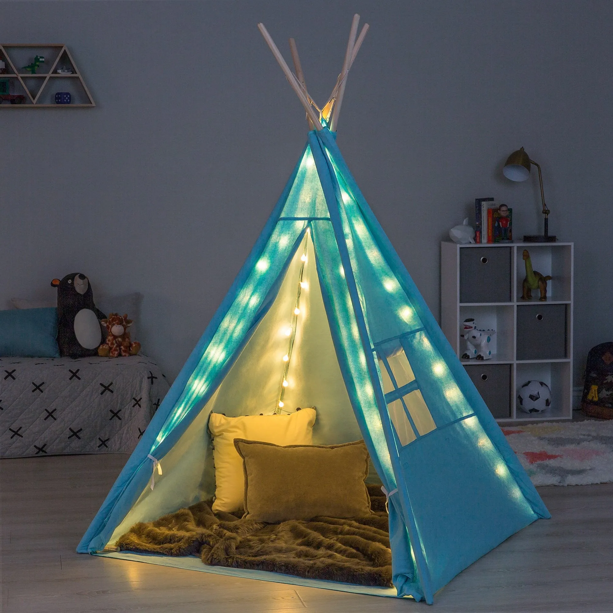 6ft Kids Cotton Pretend Teepee Play Tent w/ LED Lights, Carrying Bag