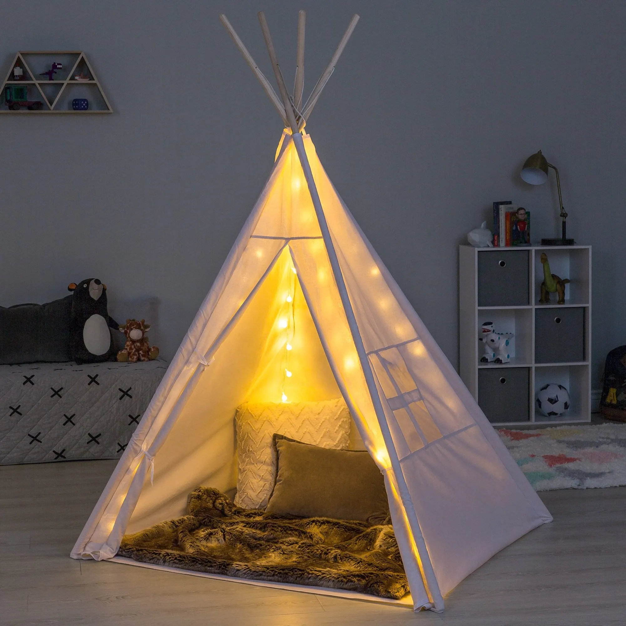 6ft Kids Cotton Pretend Teepee Play Tent w/ LED Lights, Carrying Bag