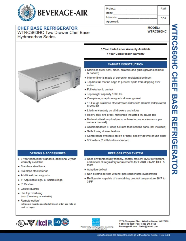 Beverage-Air Stainless Steel Worktop Cook Stand Refrigerated, 60in 2 Drawer WTRCS60HC