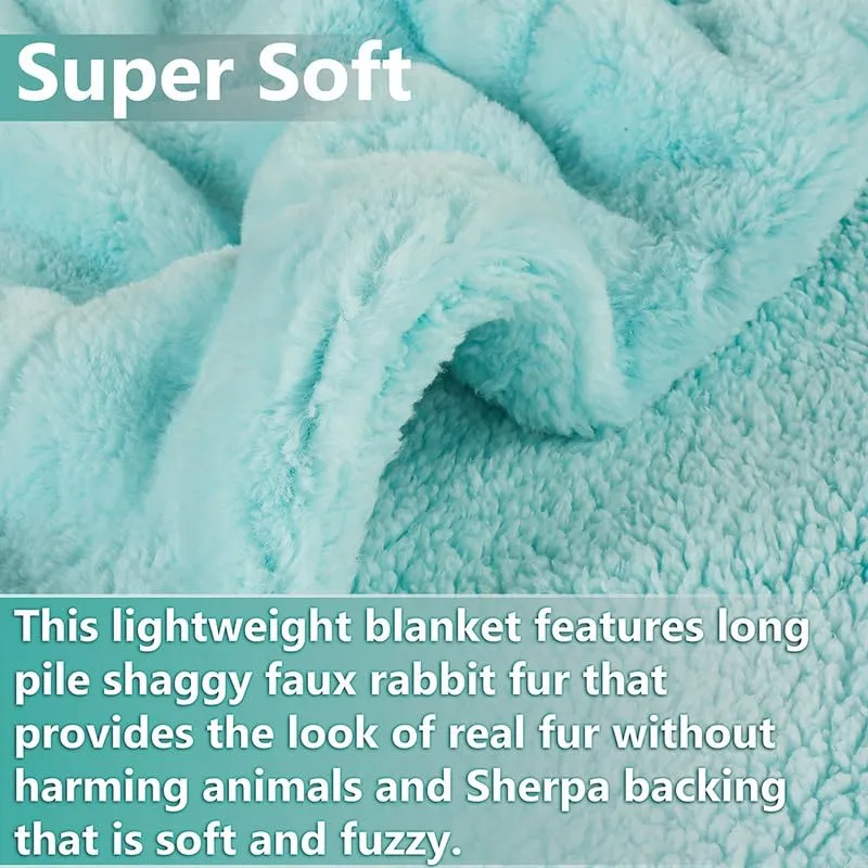 BSB HOME Faux Rabbit Fur with Sherpa Luxurious Soft Fluffy Cozy Fuzzy Warm Reversible Blanket for Double | King Size Bed 500GSM Blanket with Bag Packing - Color- Aqua, 230 x 240 Cm, Weight- 3Kg