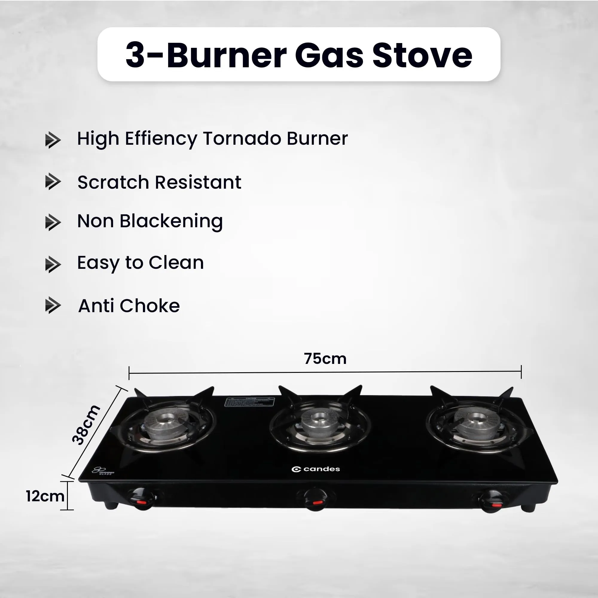 Candes Gas Stove 3 Burners Manual Ignition | 3 Burner Gas Stove with Premium Gas Saver Tornado Burners | 6mm Toughened Glass Gas Chulha 3 Burner | LPG Compatible | ISI Certified | 1 Yr Warranty