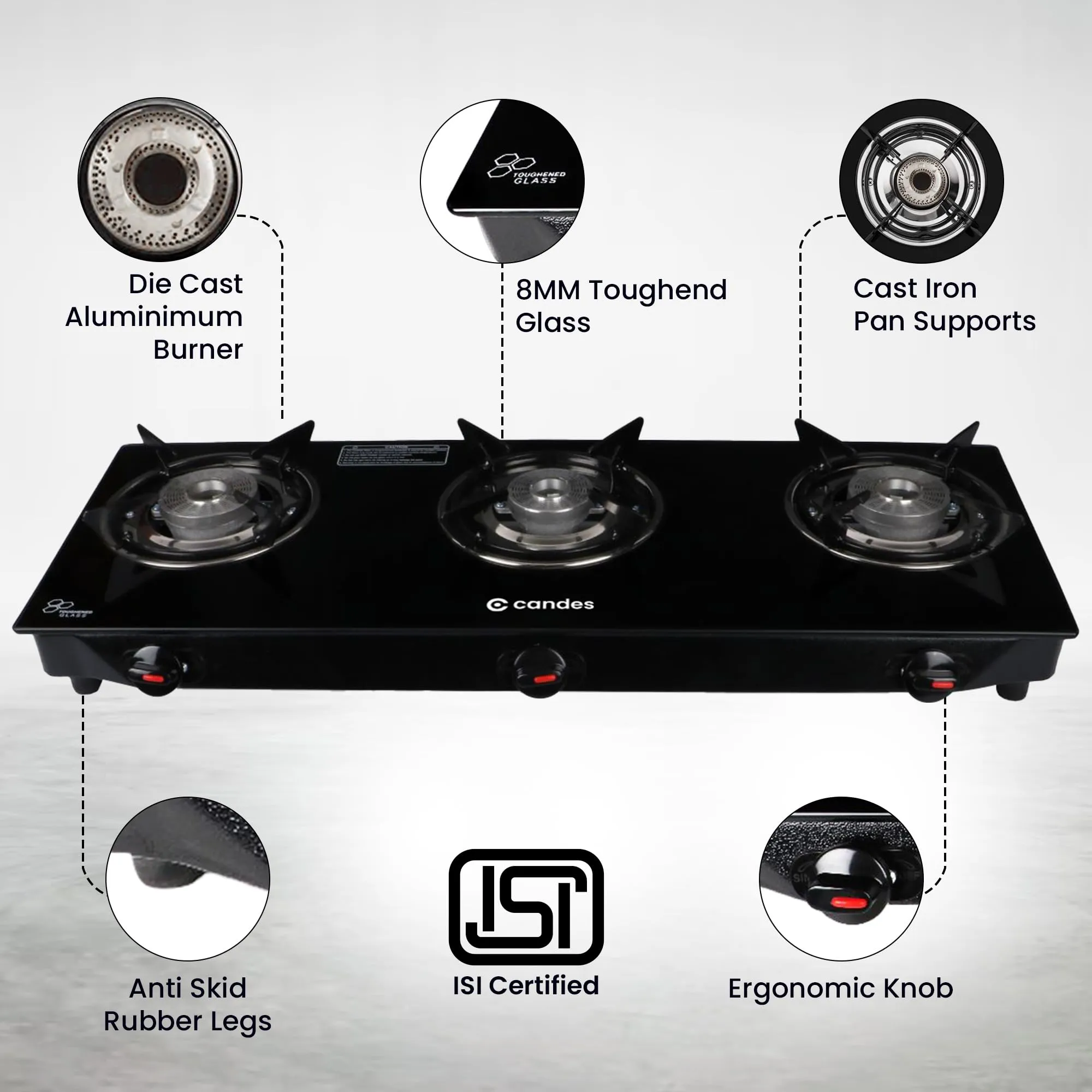 Candes Gas Stove 3 Burners Manual Ignition | 3 Burner Gas Stove with Premium Gas Saver Tornado Burners | 6mm Toughened Glass Gas Chulha 3 Burner | LPG Compatible | ISI Certified | 1 Yr Warranty