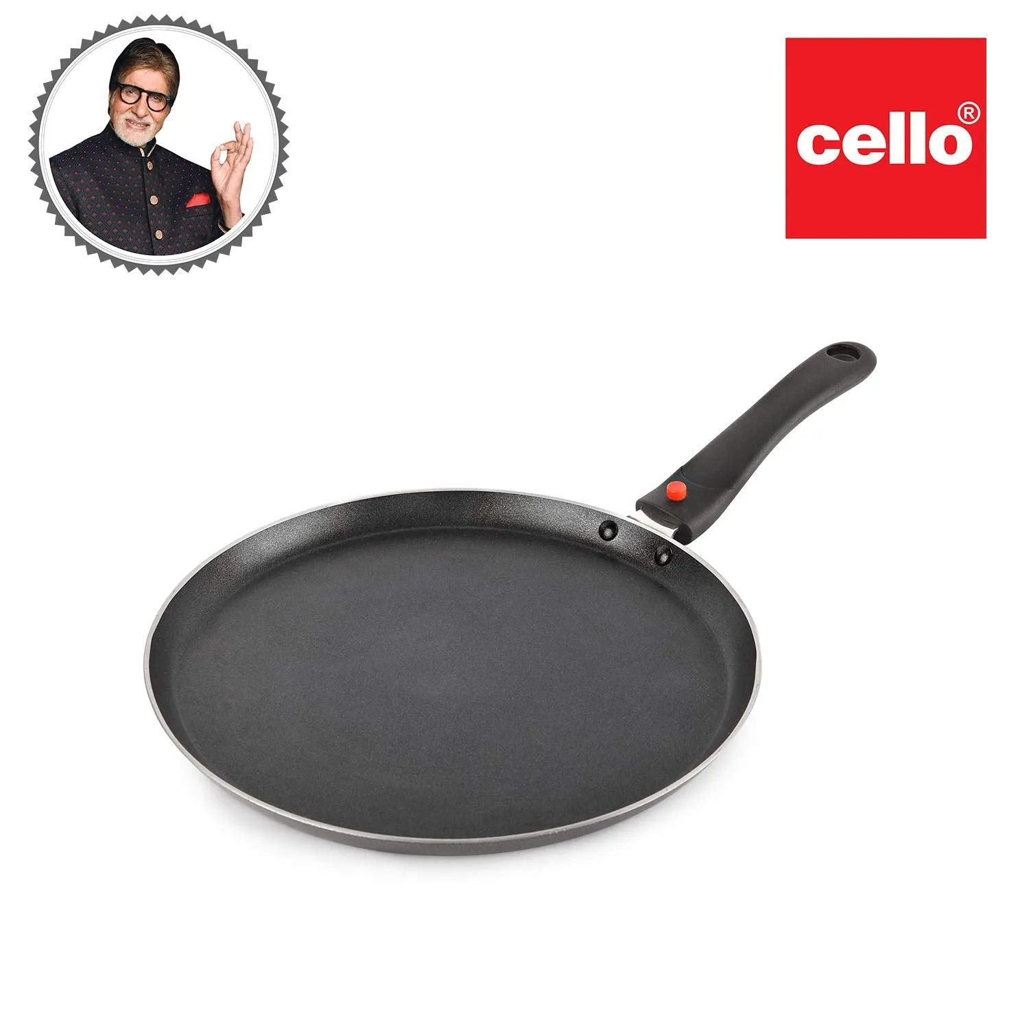 Cello Non Stick Dosa Tawa Induction Base with Detachable Handle, 280 mm Hammered Toned,Aluminium, Black