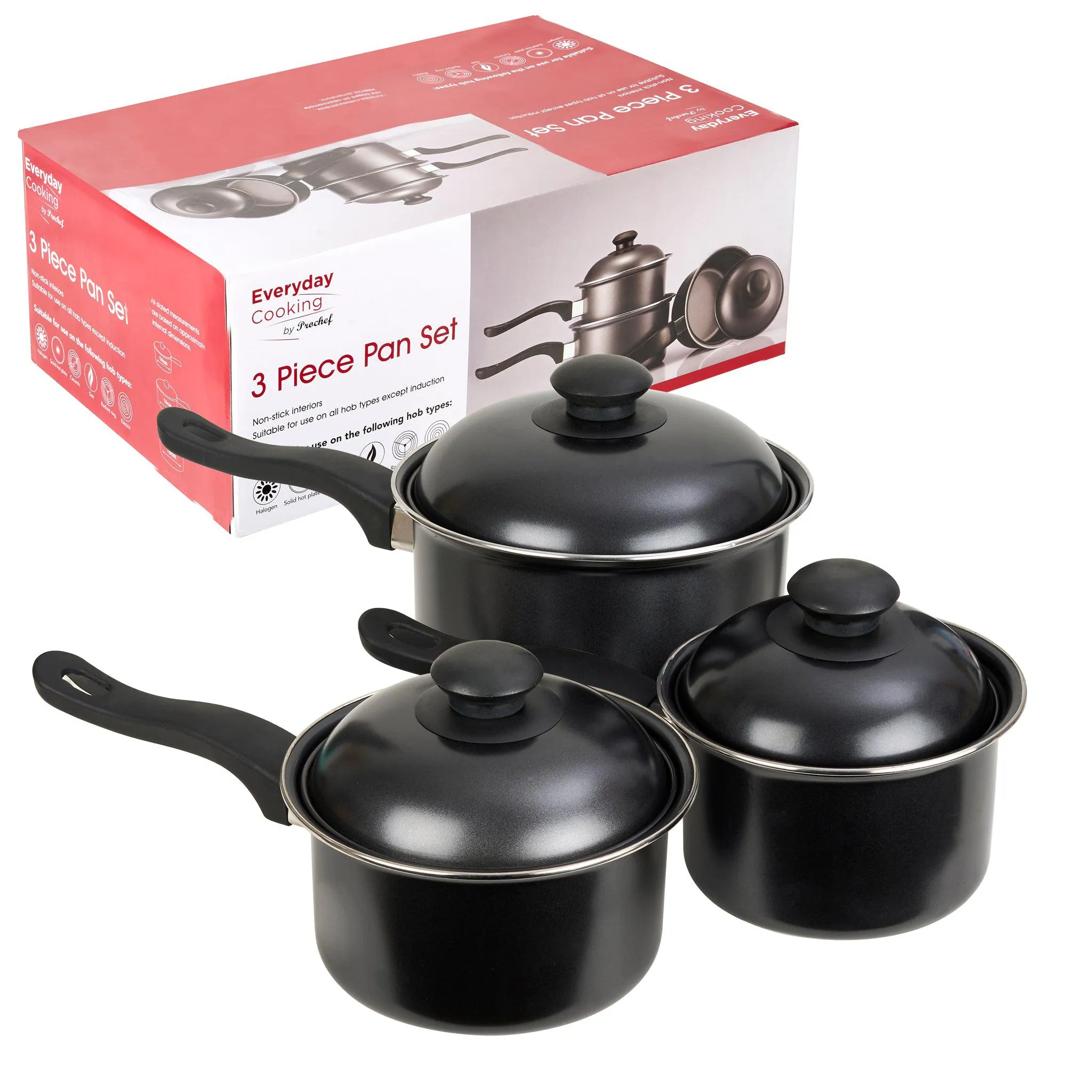 Essentials By ProChef Carbon Steel 3 Piece Pan Set 14cm/16cm/18cm with Lids ‚ Graphite