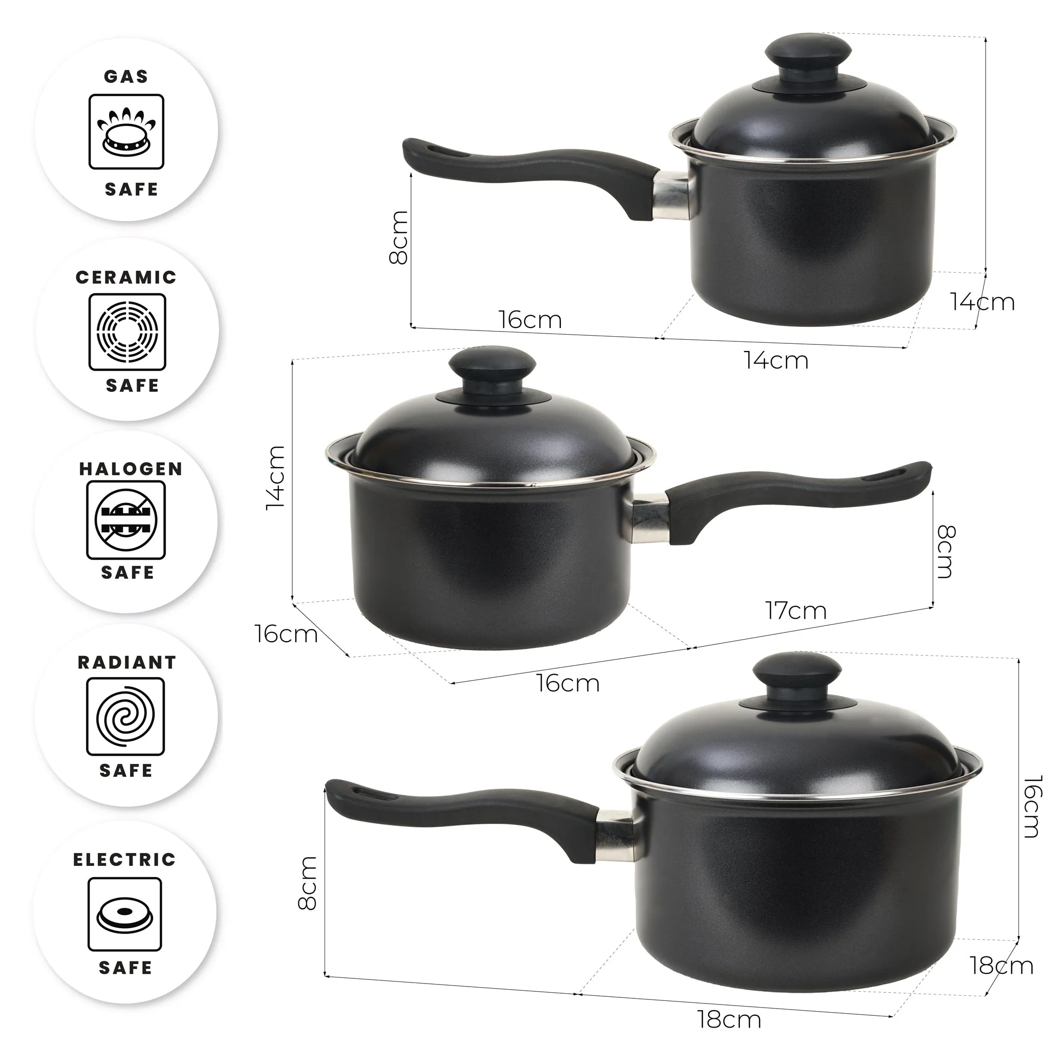 Essentials By ProChef Carbon Steel 3 Piece Pan Set 14cm/16cm/18cm with Lids ‚ Graphite