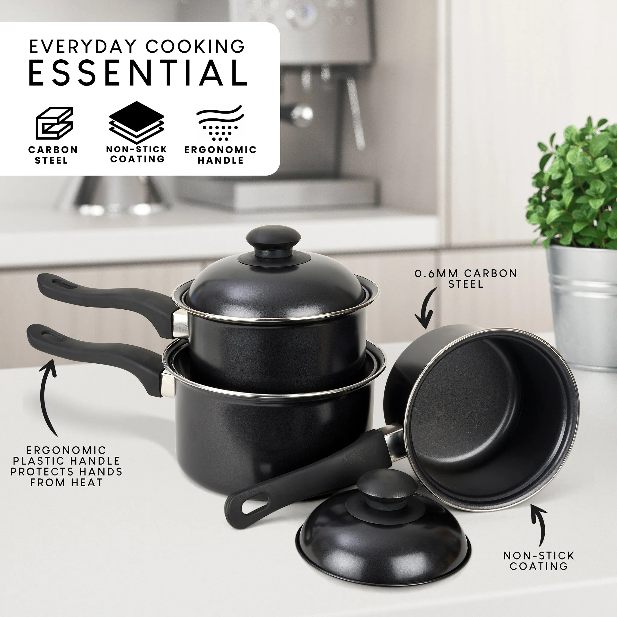 Essentials By ProChef Carbon Steel 3 Piece Pan Set 14cm/16cm/18cm with Lids ‚ Graphite