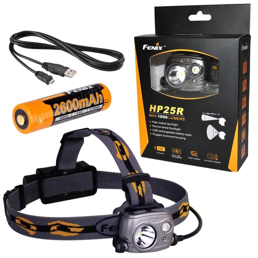 Fenix HP25R 1000 Lumen USB rechargeable CREE XM-L2 U2 LED Headlamp, Fenix 18650 rechargeable Li-ion battery