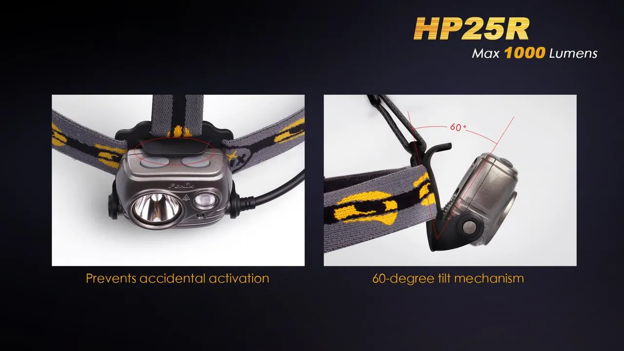 Fenix HP25R 1000 Lumen USB rechargeable CREE XM-L2 U2 LED Headlamp, Fenix 18650 rechargeable Li-ion battery