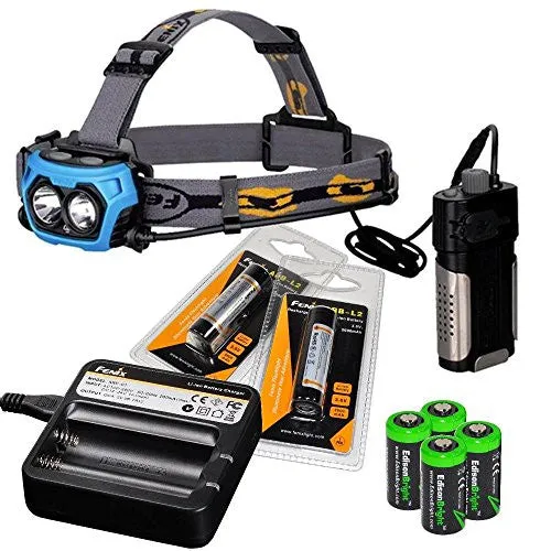 Fenix HP40F 450 Lumen white/blue LED combination fishing Headlamp with Fenix ARE-C1 battery charger, 2 X Fenix 18650 ARB-L2 rechargeable batteries and Four EdisonBright CR123A Lithium batteries bundle