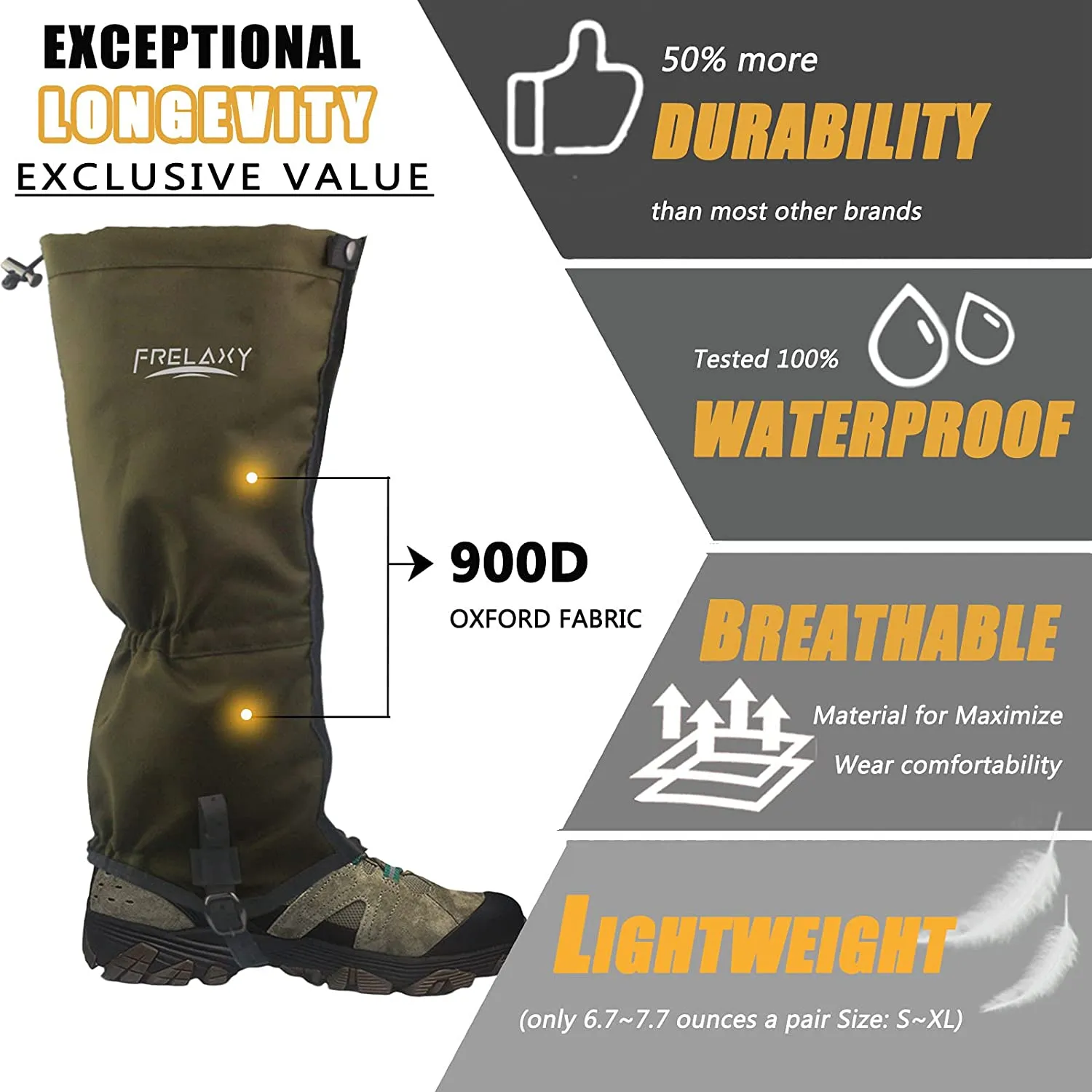 Frelaxy Leg Gaiters Ultra HIGH-Performance Hunting Gaiters, 100% Waterproof Hiking Gaiters with Upgraded Rubber Foot Strap, Adjustable Snow Boot Gaiters