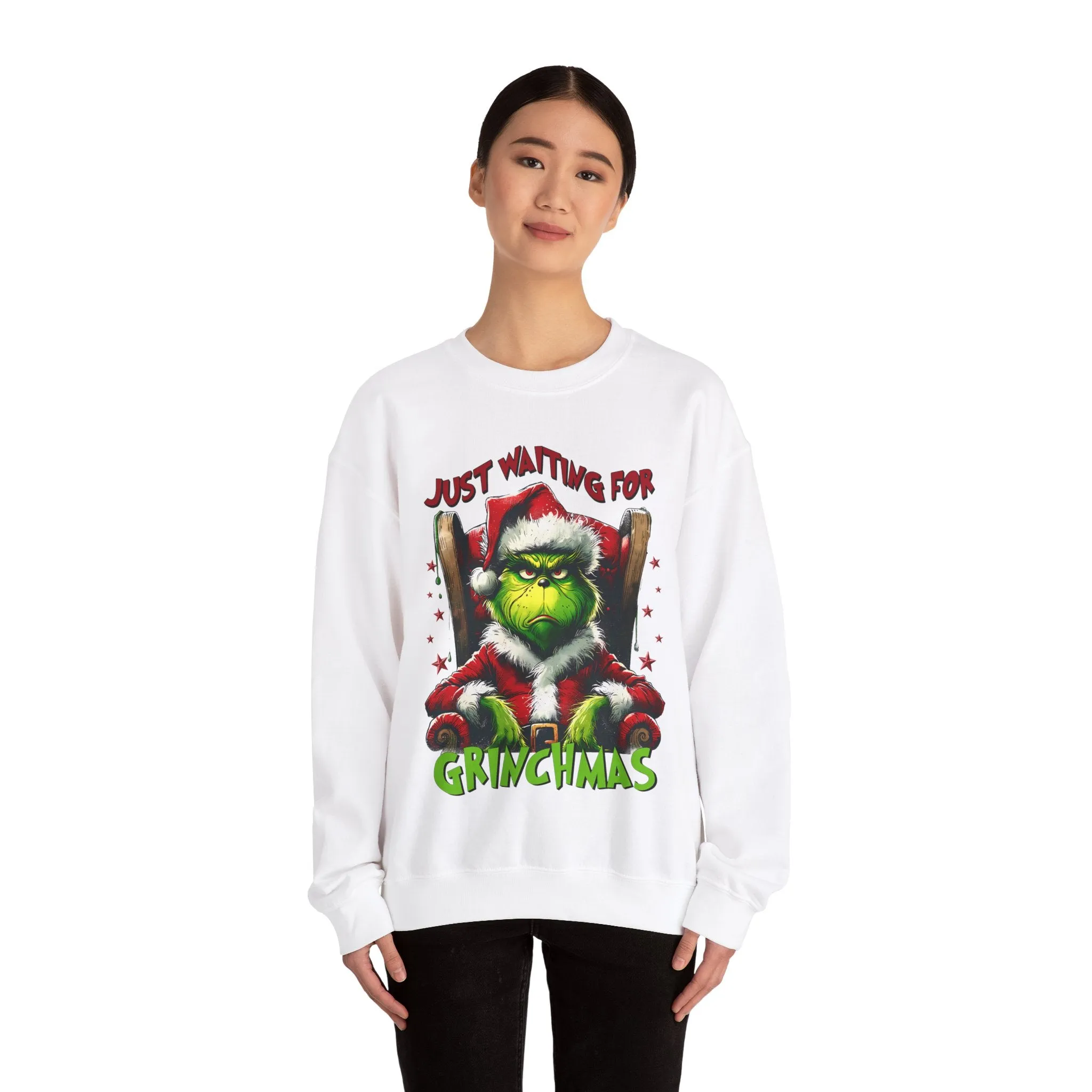 Funny Grinch Crewneck Sweatshirt - Just Waiting for Grinchmas - Unisex Heavy Blend