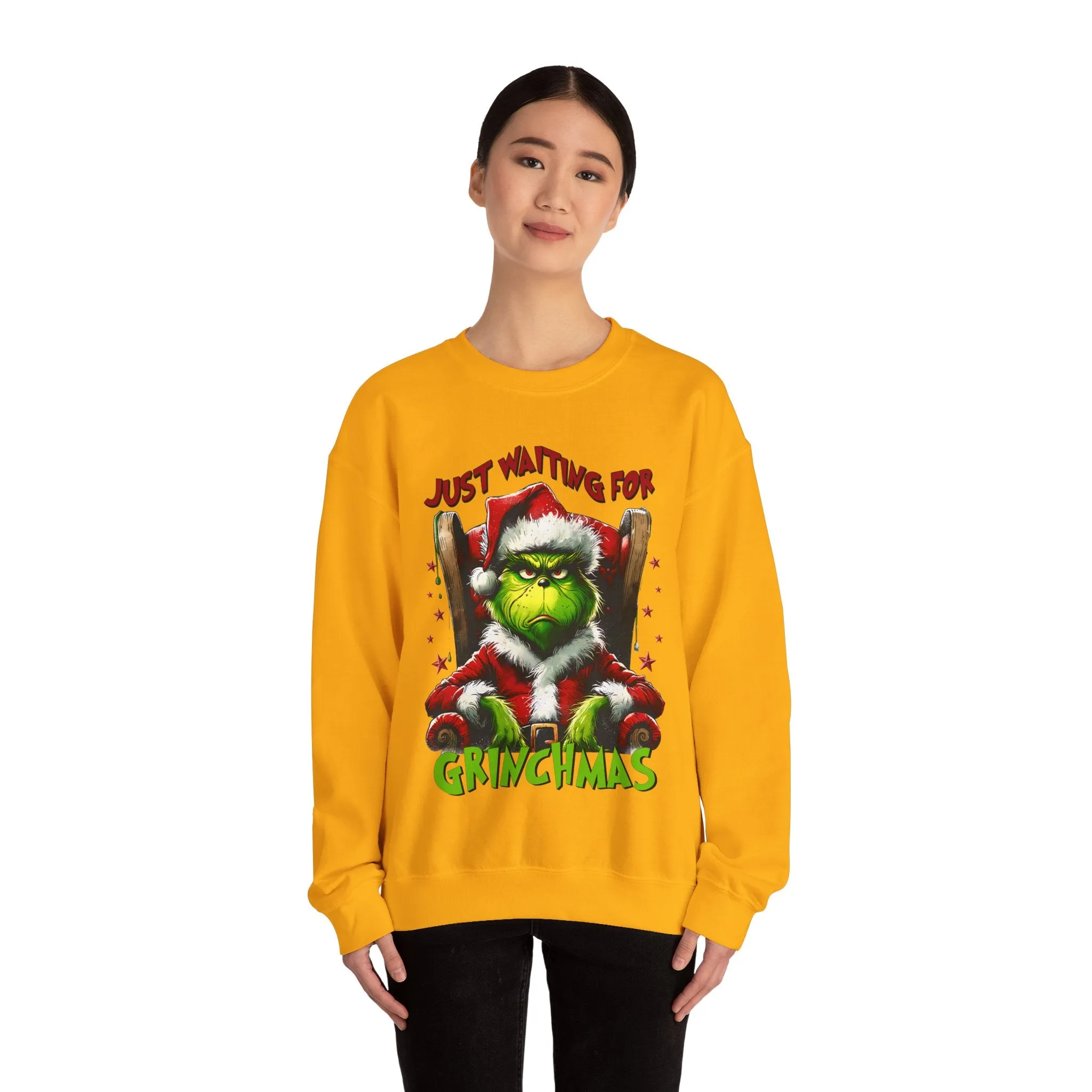 Funny Grinch Crewneck Sweatshirt - Just Waiting for Grinchmas - Unisex Heavy Blend