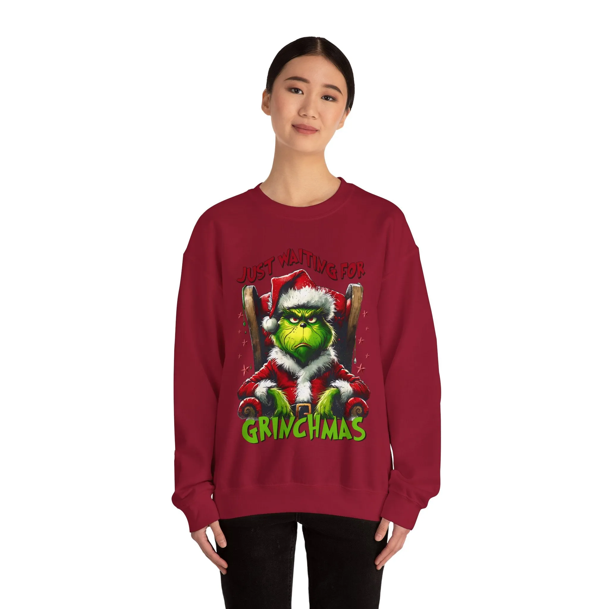 Funny Grinch Crewneck Sweatshirt - Just Waiting for Grinchmas - Unisex Heavy Blend