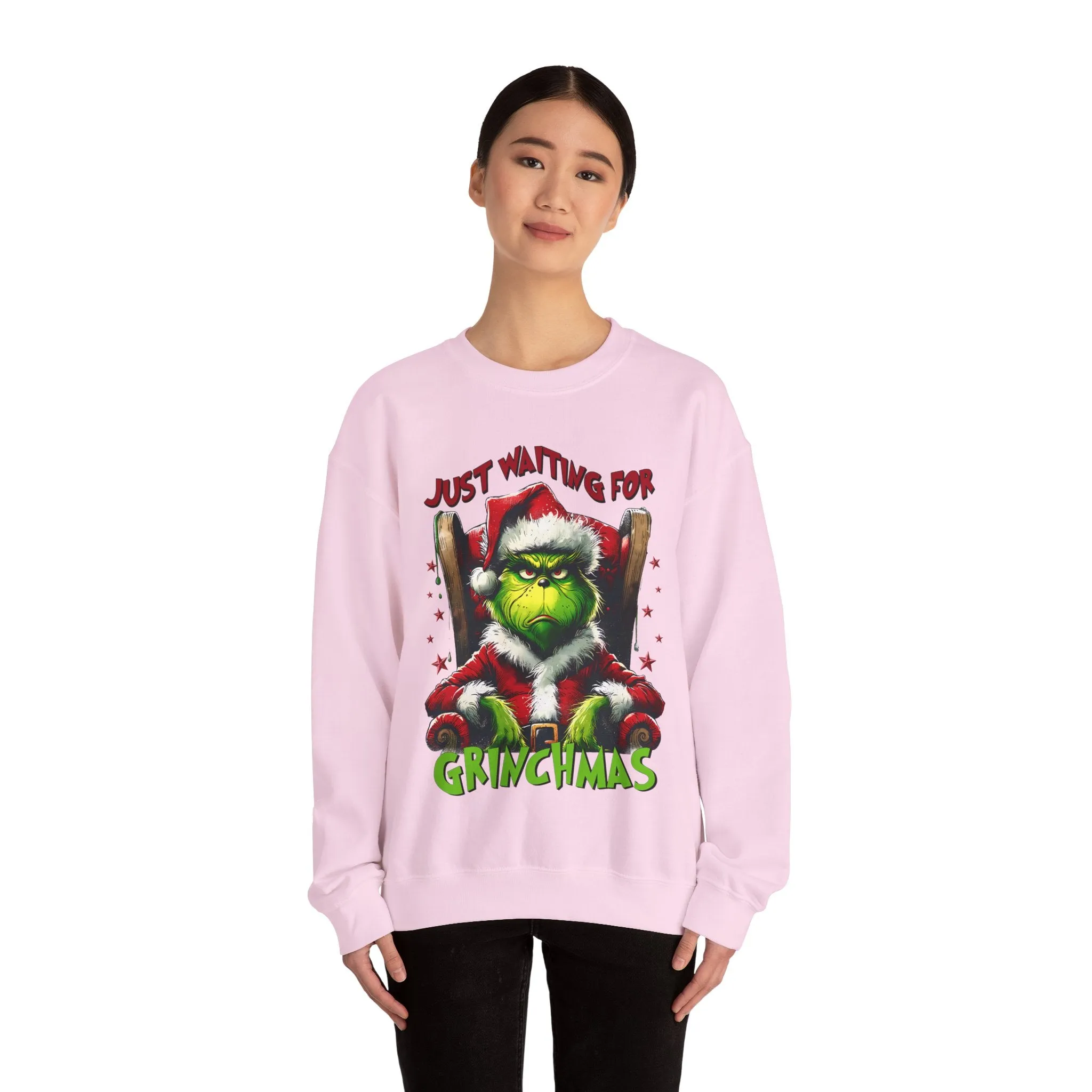 Funny Grinch Crewneck Sweatshirt - Just Waiting for Grinchmas - Unisex Heavy Blend