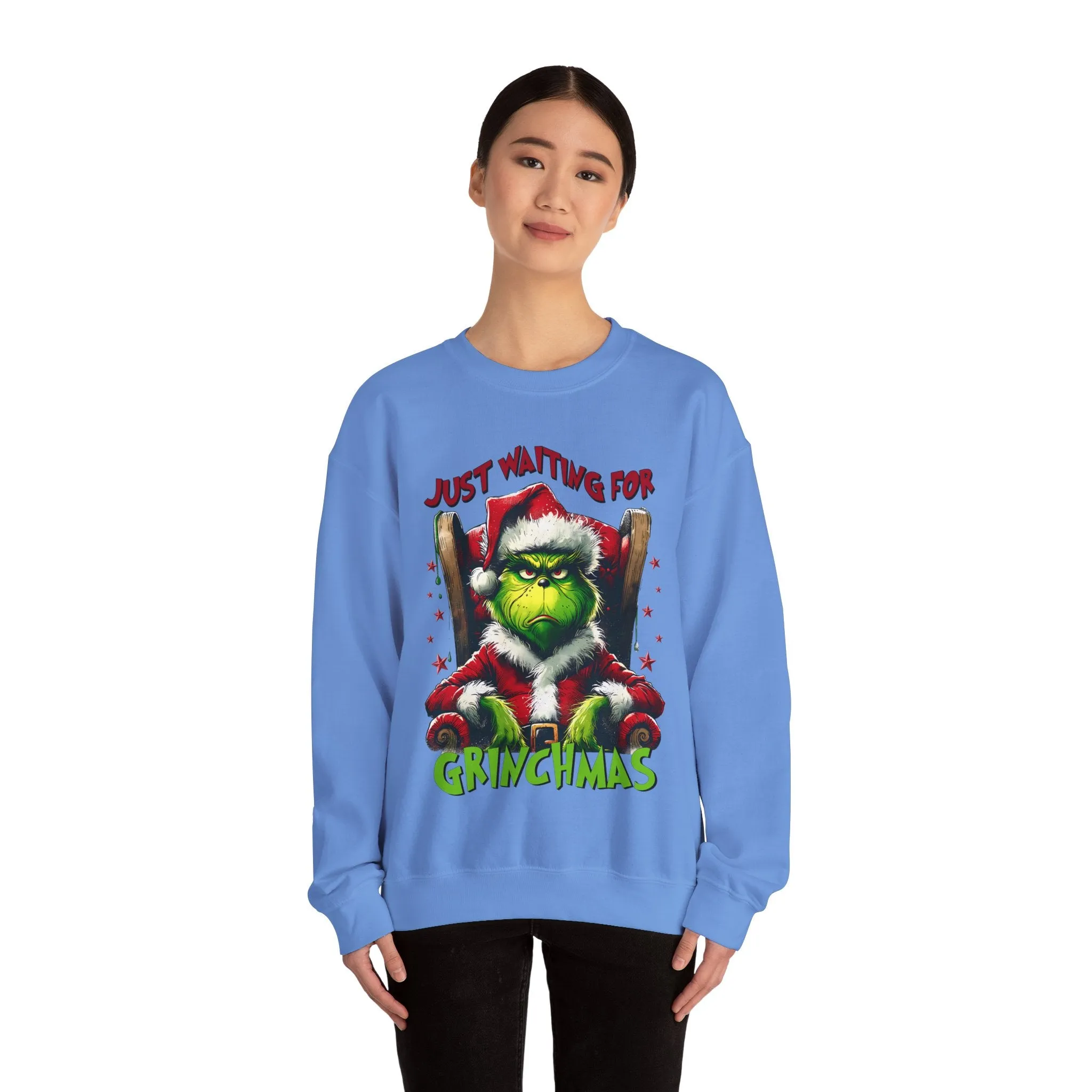 Funny Grinch Crewneck Sweatshirt - Just Waiting for Grinchmas - Unisex Heavy Blend