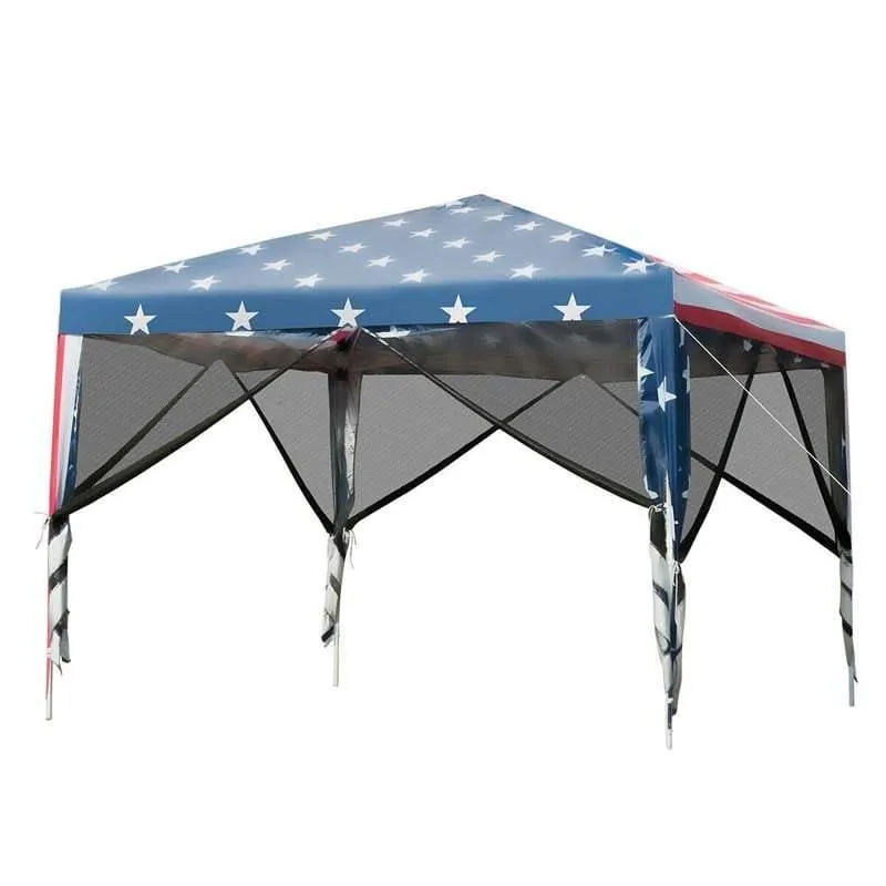 GrandShoppersHub  10’ x 10’ Pop-up Canopy Tent Easy Up Canopy with Mesh Sidewalls & Carrying Bag, American Flag Outdoor Canopy for Backyard Lawn