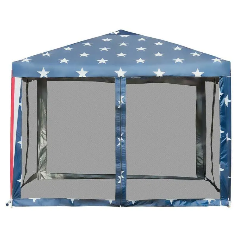 GrandShoppersHub  10’ x 10’ Pop-up Canopy Tent Easy Up Canopy with Mesh Sidewalls & Carrying Bag, American Flag Outdoor Canopy for Backyard Lawn