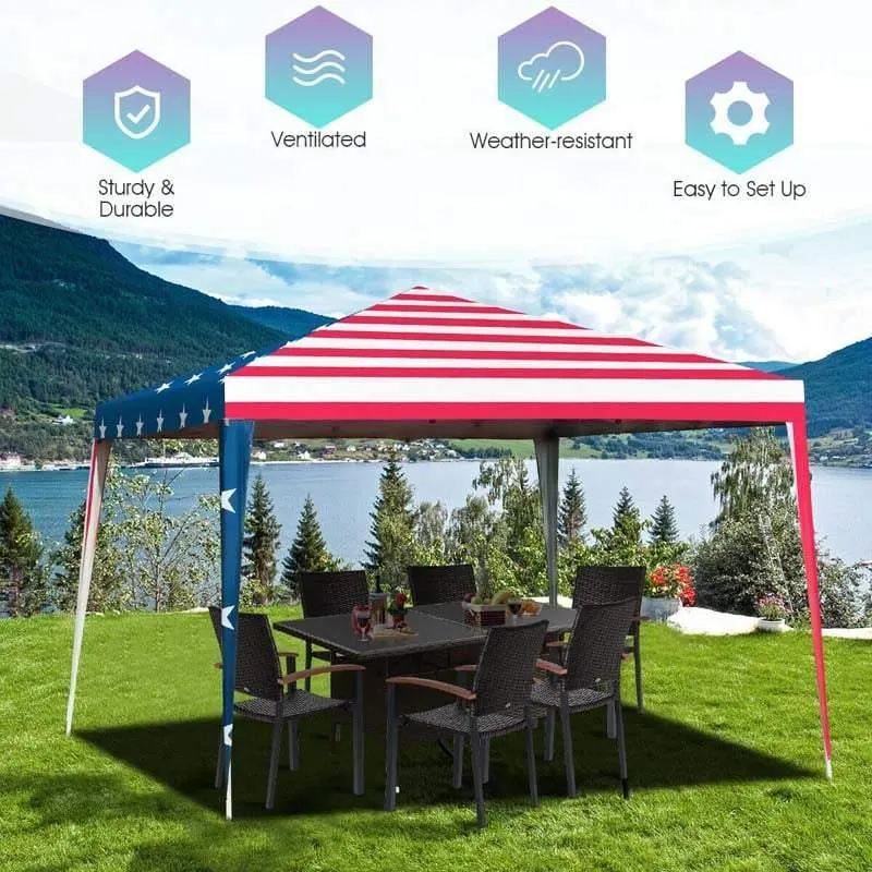 GrandShoppersHub  10’ x 10’ Pop-up Canopy Tent Easy Up Canopy with Mesh Sidewalls & Carrying Bag, American Flag Outdoor Canopy for Backyard Lawn