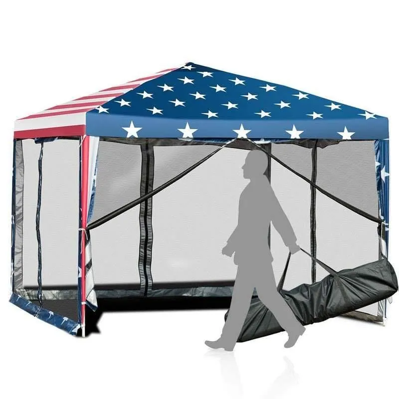 GrandShoppersHub  10’ x 10’ Pop-up Canopy Tent Easy Up Canopy with Mesh Sidewalls & Carrying Bag, American Flag Outdoor Canopy for Backyard Lawn