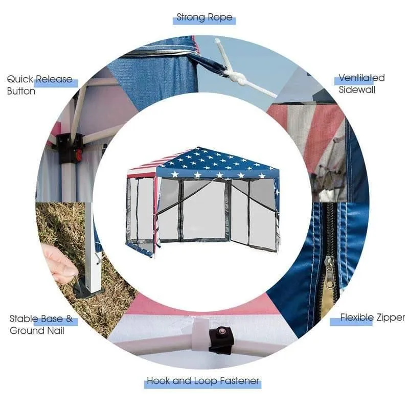 GrandShoppersHub  10’ x 10’ Pop-up Canopy Tent Easy Up Canopy with Mesh Sidewalls & Carrying Bag, American Flag Outdoor Canopy for Backyard Lawn