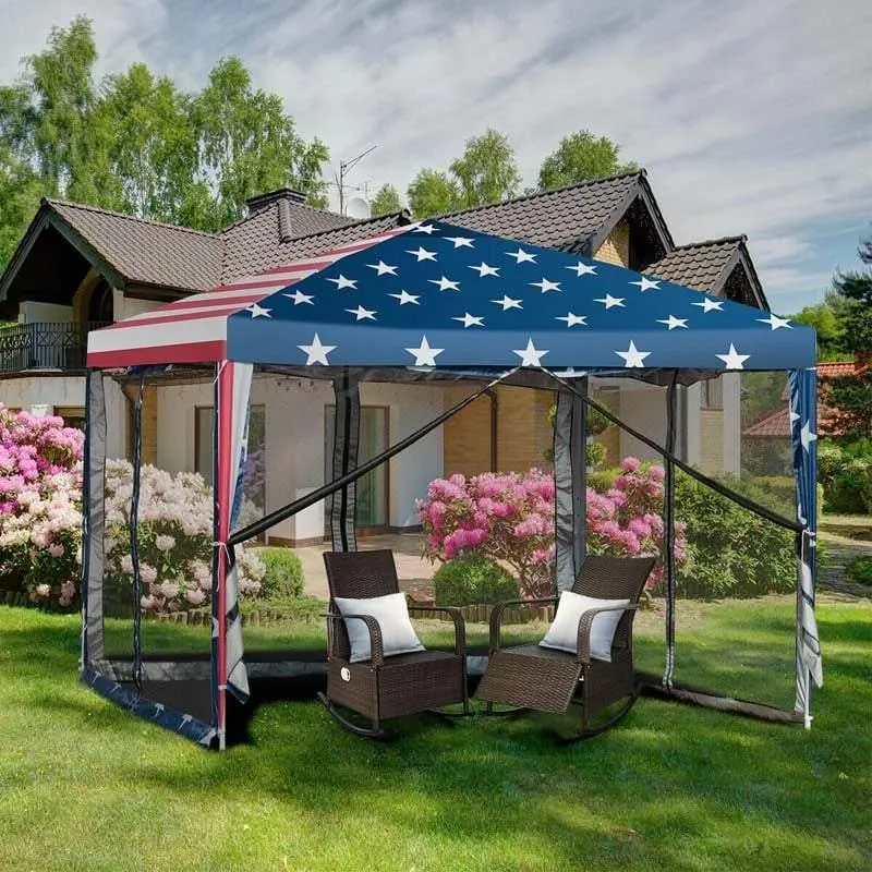 GrandShoppersHub  10’ x 10’ Pop-up Canopy Tent Easy Up Canopy with Mesh Sidewalls & Carrying Bag, American Flag Outdoor Canopy for Backyard Lawn