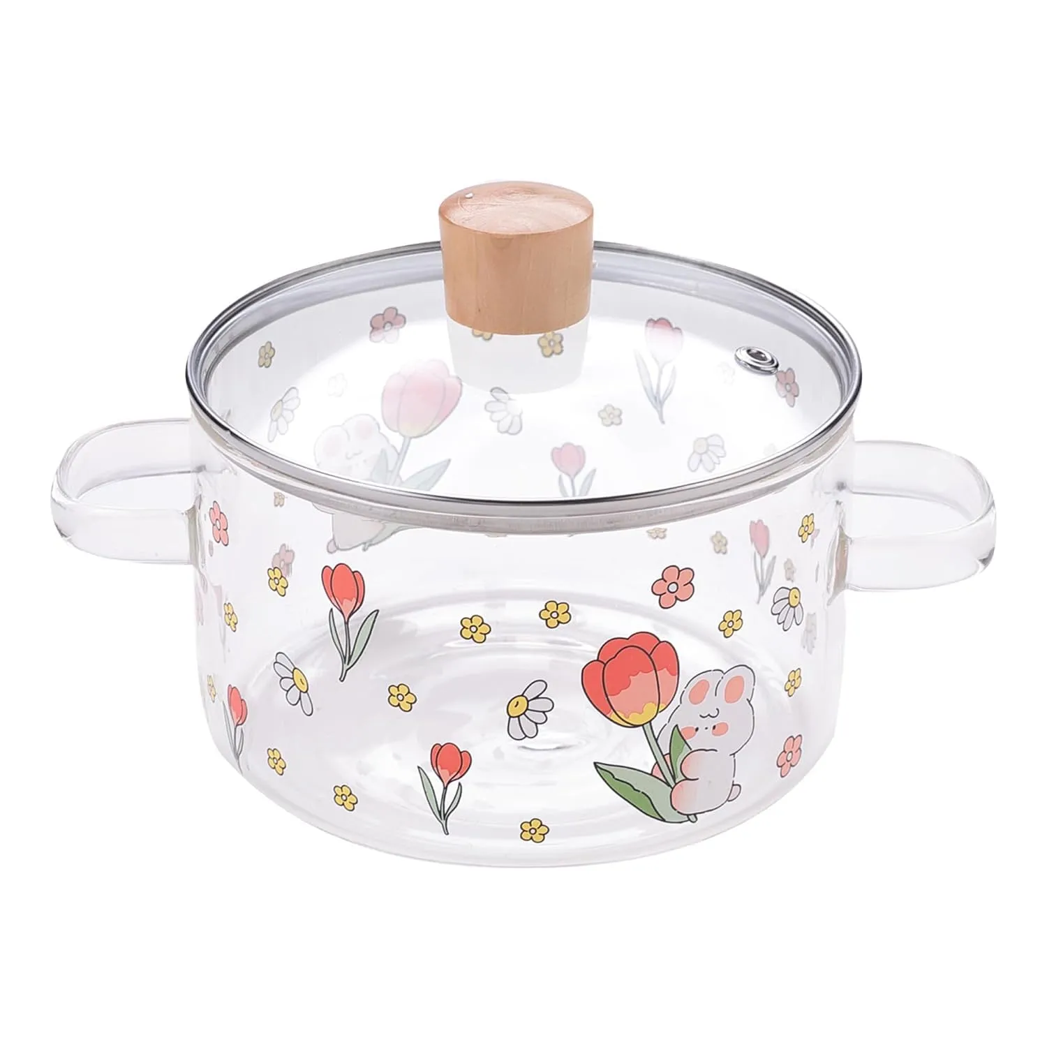 Homestic Borosilicate Glass 1.45L Saucepan with Lid & Handle | Induction Pan Cookware | Handi for Cooking | Microwave Safe | Cooktop for Tea/Milk/Pasta/Noodles/Rice | Transparent-Flower Print