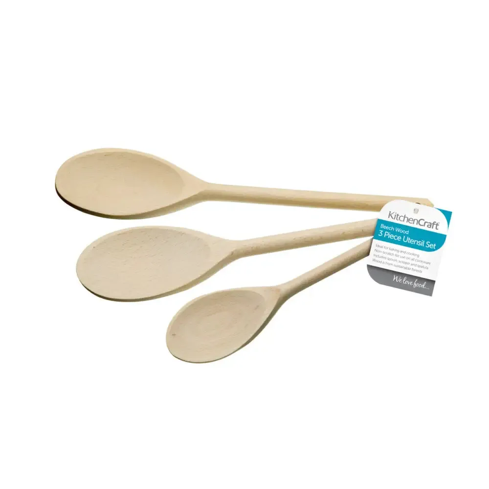 Kitchencraft Beech Wood Utensils Cooking Spoons Set Of 3