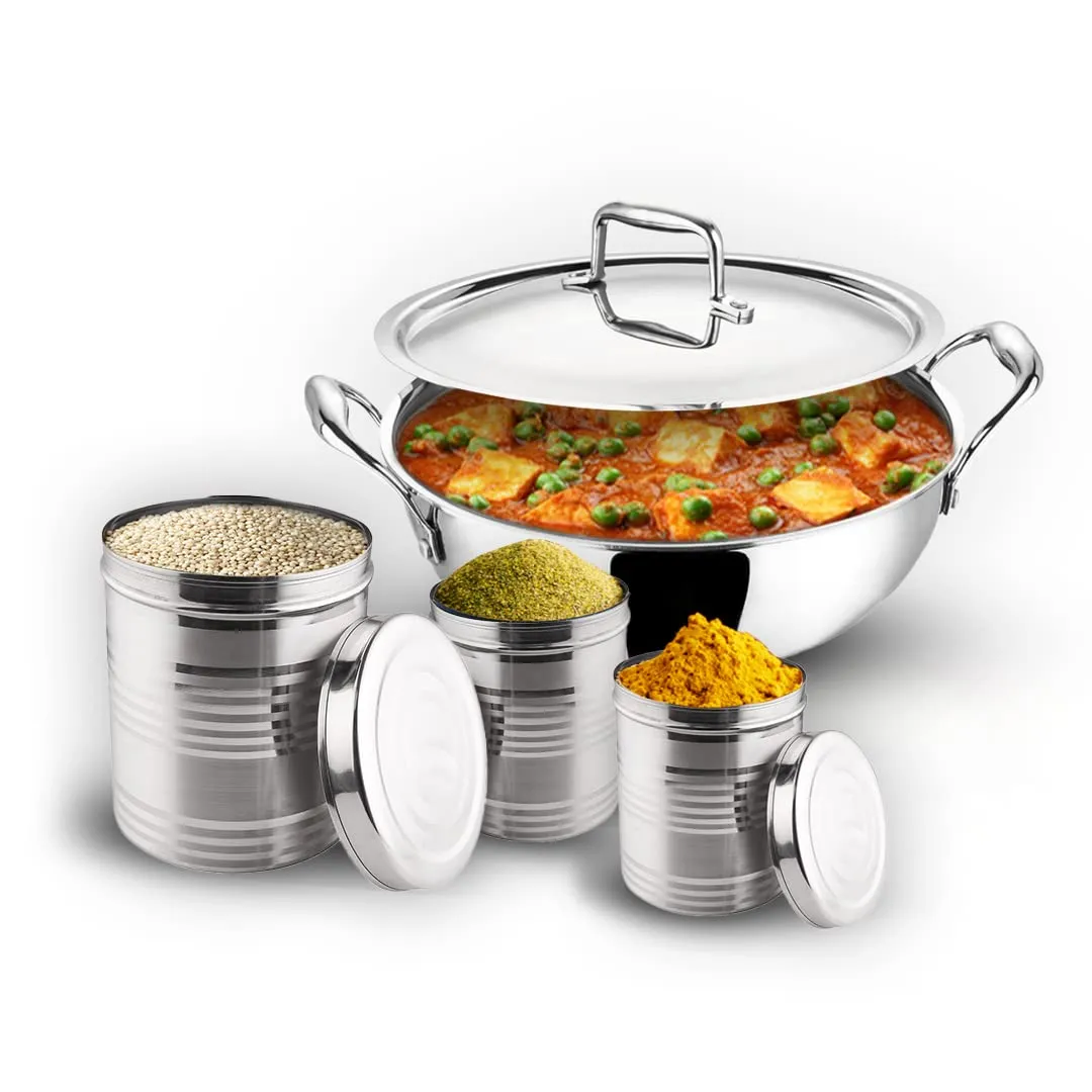 Kuber Industries Stainless Steel Kadhai with lid & Set of 3 Stainless Steel Kitchen Containers Set I Tri-ply Kadai Induction Base I Kadai 1.6 litres & 3 Assorted Storage Canisters