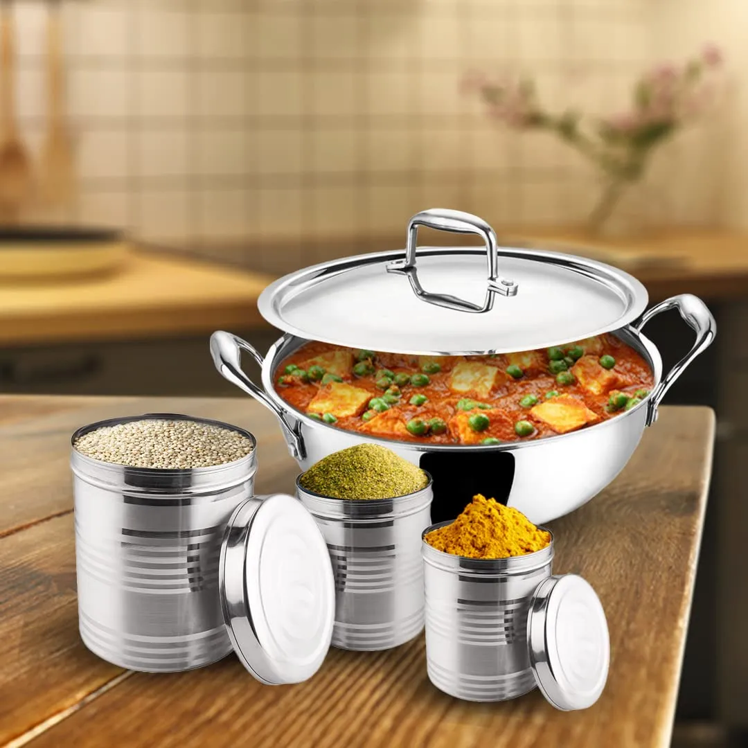 Kuber Industries Stainless Steel Kadhai with lid & Set of 3 Stainless Steel Kitchen Containers Set I Tri-ply Kadai Induction Base I Kadai 1.6 litres & 3 Assorted Storage Canisters