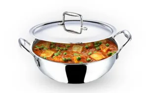 Kuber Industries Tri-ply Stainless Steel Kadhai with lid I Induction Base I 2.2 litres Capacity I 22cm Diameter I Extra Deep Frying Pan I Riveted Handles