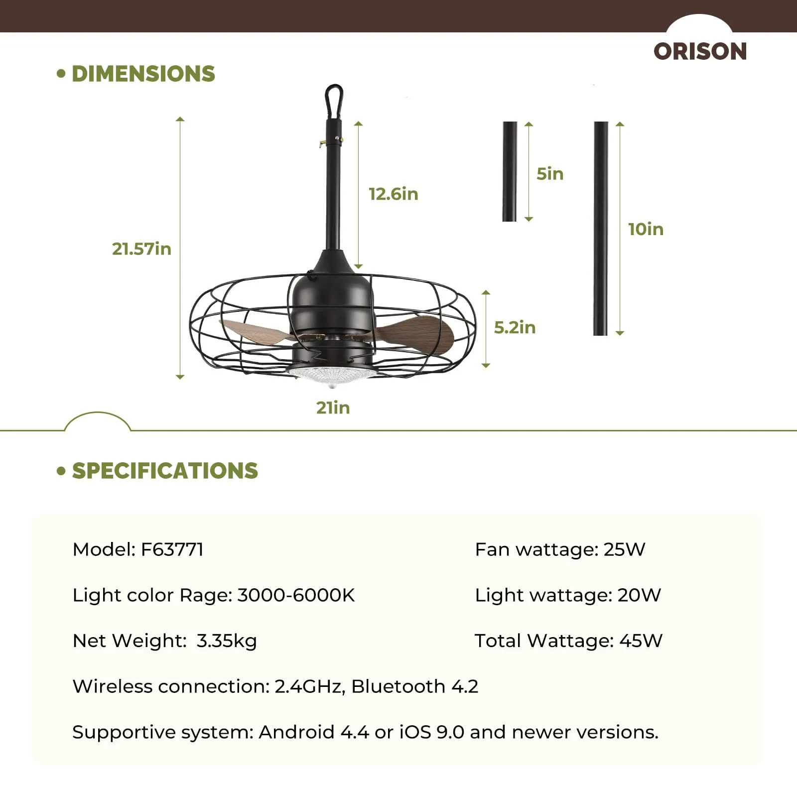 Orison Outdoor Caged Ceiling Fans with Light for Patio and Remote - Waterproof