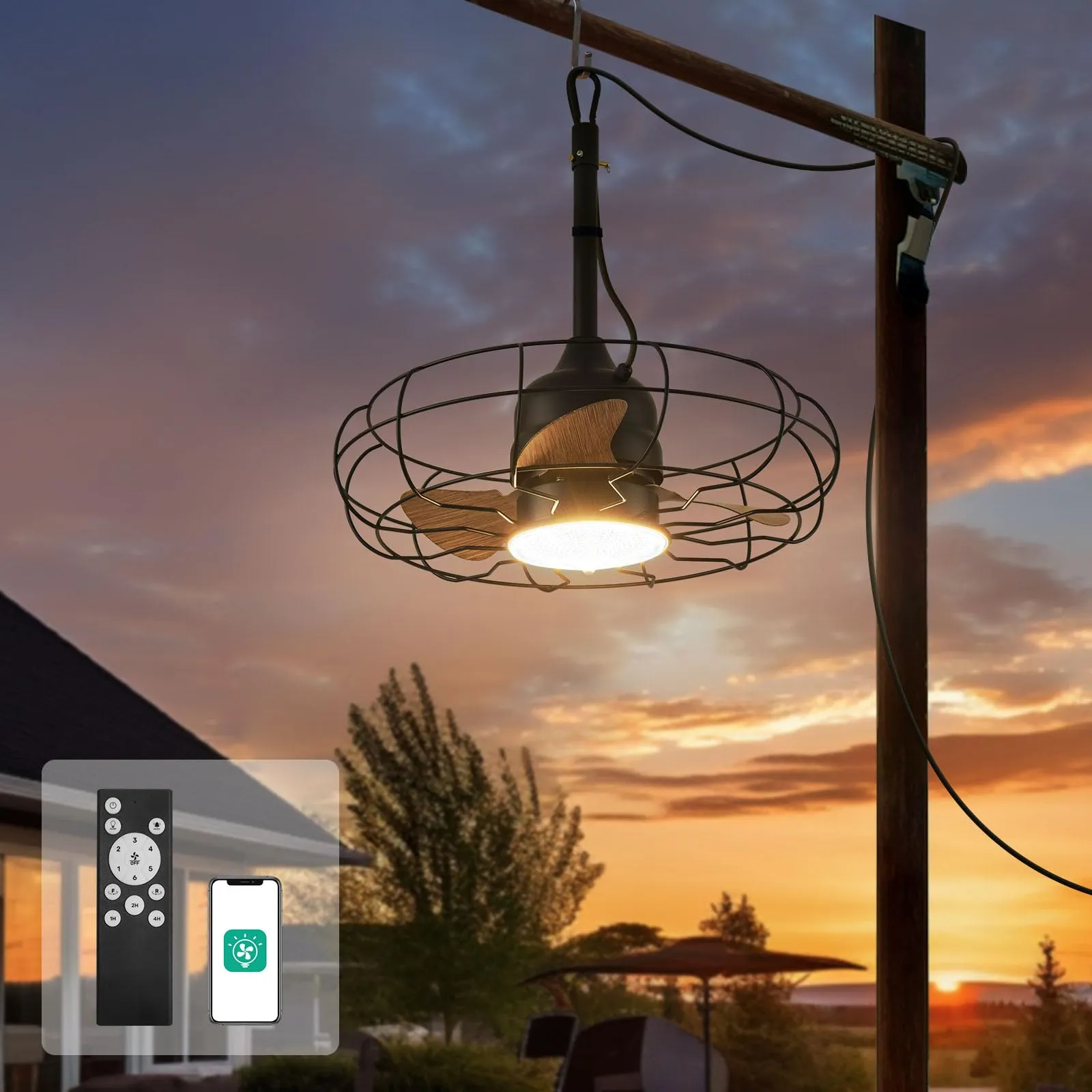 Orison Outdoor Caged Ceiling Fans with Light for Patio and Remote - Waterproof