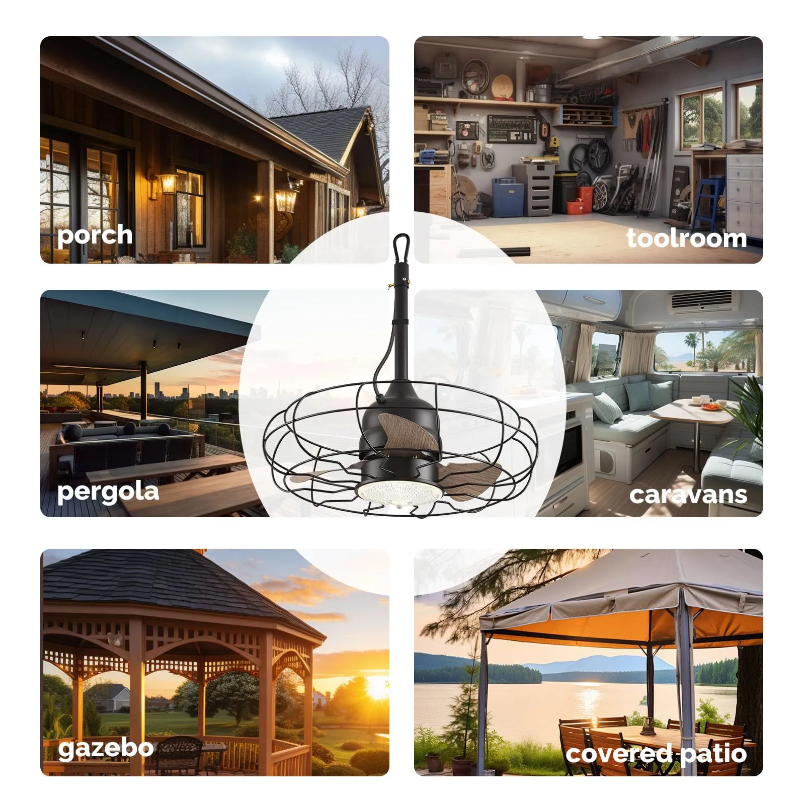 Orison Outdoor Caged Ceiling Fans with Light for Patio and Remote - Waterproof