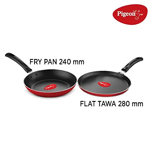 Pigeon Mio Nonstick Aluminium Cookware Gift Set, Includes Nonstick Flat Tawa, Nonstick Fry Pan, Kitchen Tool Set, Nonstick Kadai with Glass Lid, 8 Pieces Kitchen Set (Red)