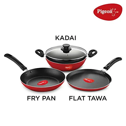 Pigeon Mio Nonstick Aluminium Cookware Gift Set, Includes Nonstick Flat Tawa, Nonstick Fry Pan, Kitchen Tool Set, Nonstick Kadai with Glass Lid, 8 Pieces Kitchen Set (Red)