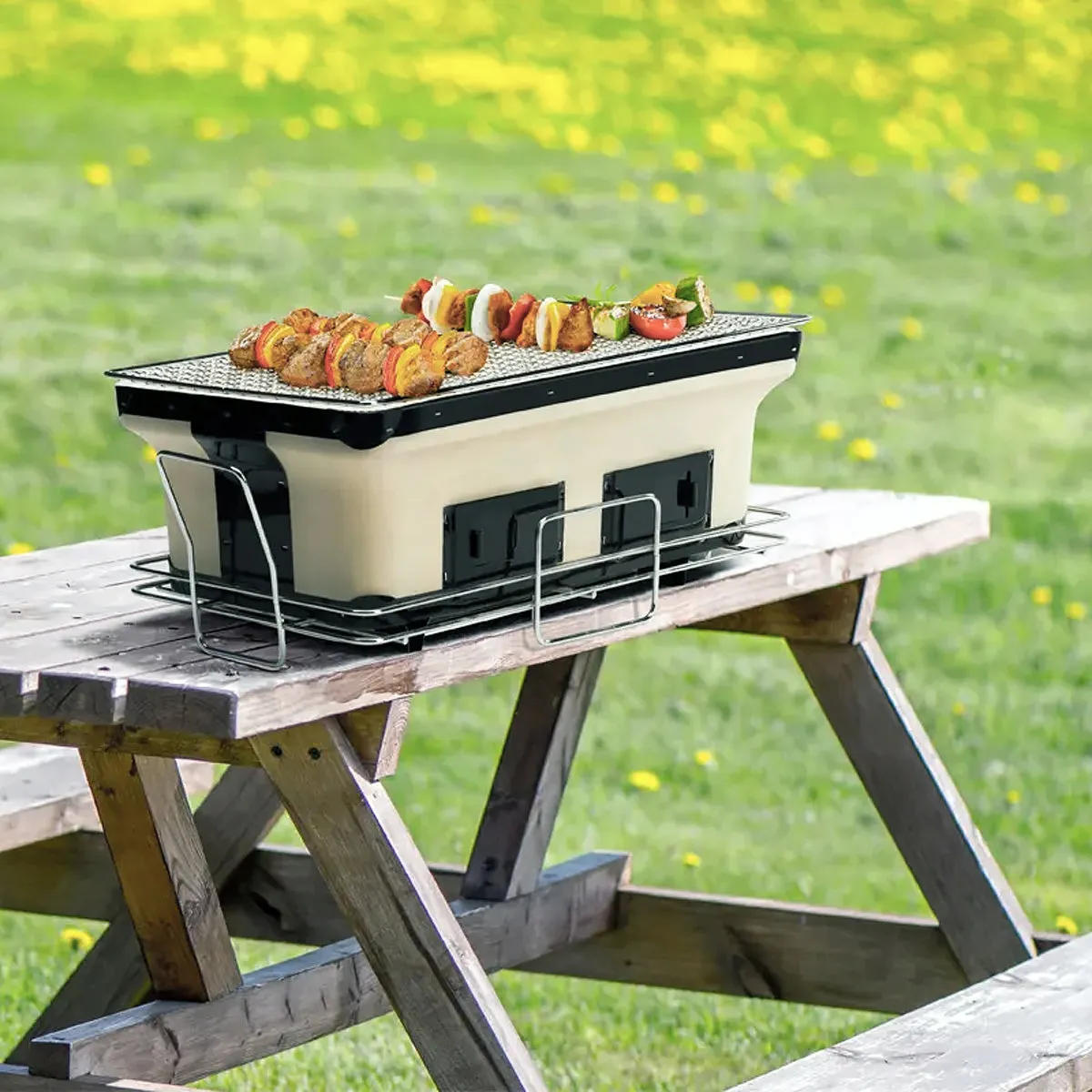 Portable Hibachi Tabletop Grill Dual Charcoal BBQ Chambers