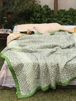 Reversible Hand-Printed Quilt- Luxe Comfort in Green & Yellow