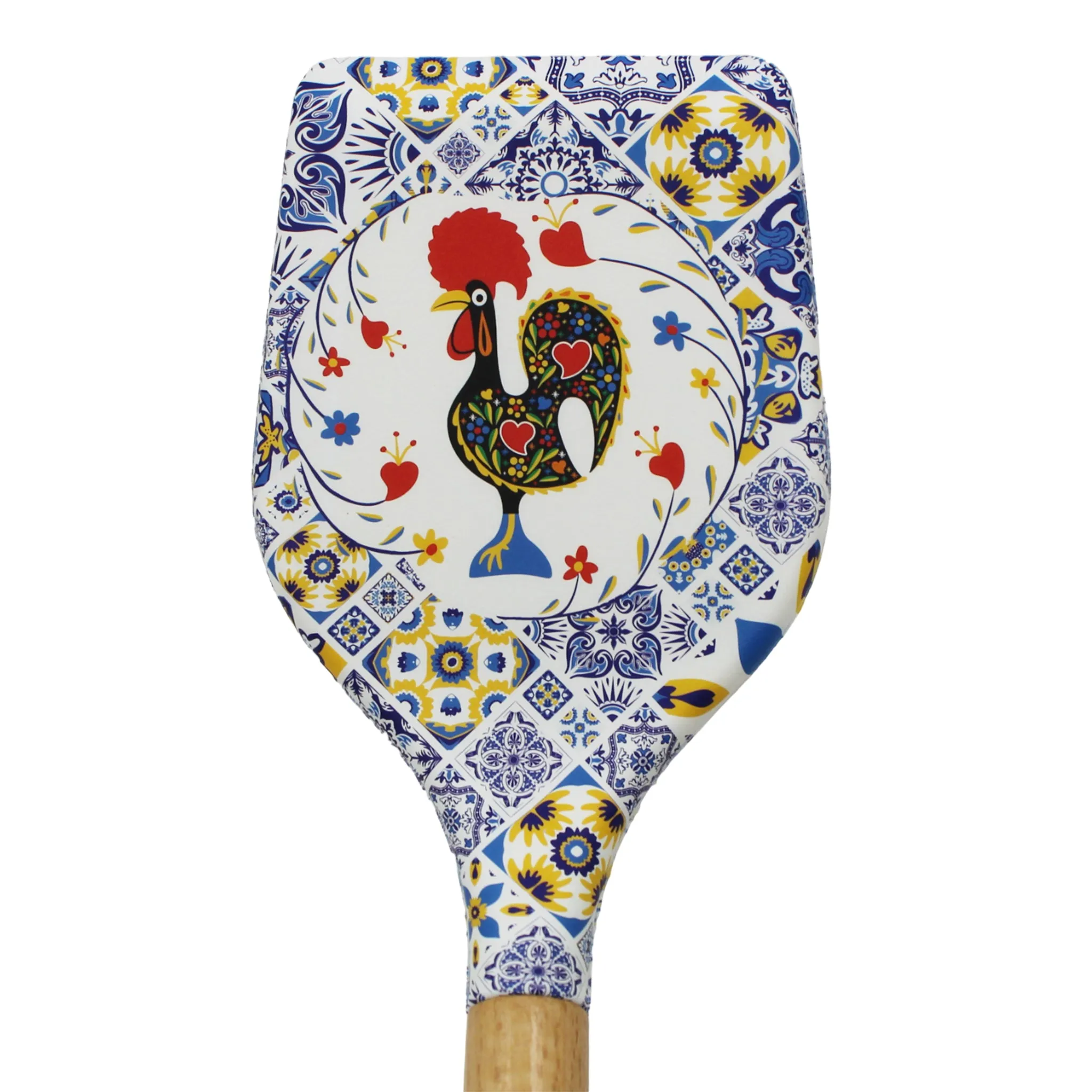 Silicone Spatula Turner with Wooden Handle - Azulejo Background & Rooster Design