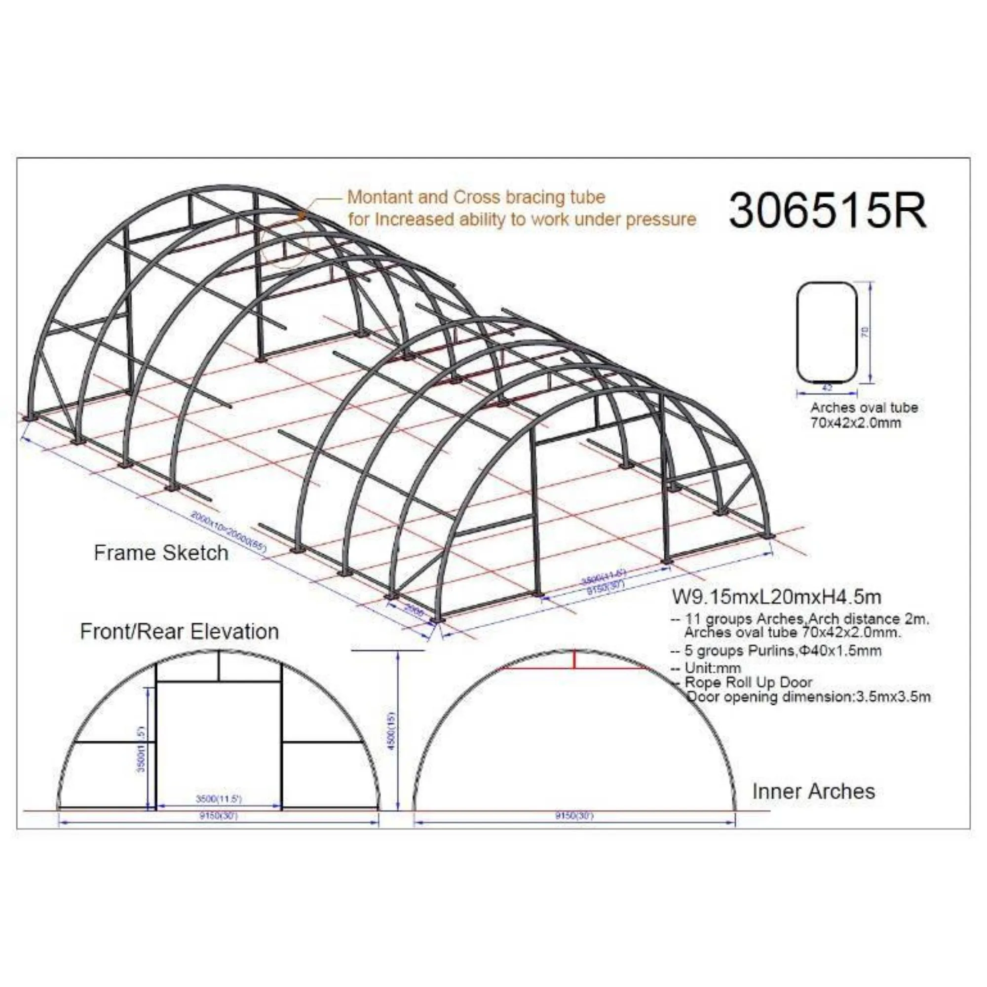 Single Truss Arch Storage Shelter W30'xL65'xH15'