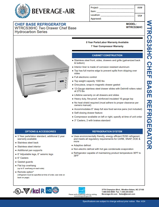 Stainless Steel WorkTop Cook Stand Refrigerator, 2 Drawer 36in WTRCS36HC