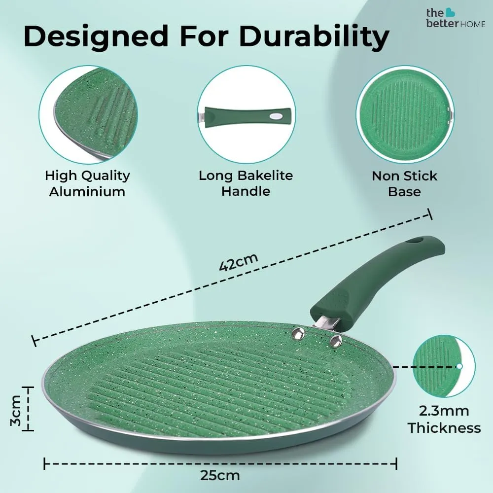 The Better Home Harmony Series Non Stick Frying Fry Grill Pan (25cm)|Saute Grill Pan Gas Cookware|Minimal Oil Cooking|Easy Grip Handle|3 Layer Non Stick Coating|Non-Toxic & Lightweight|Green Color