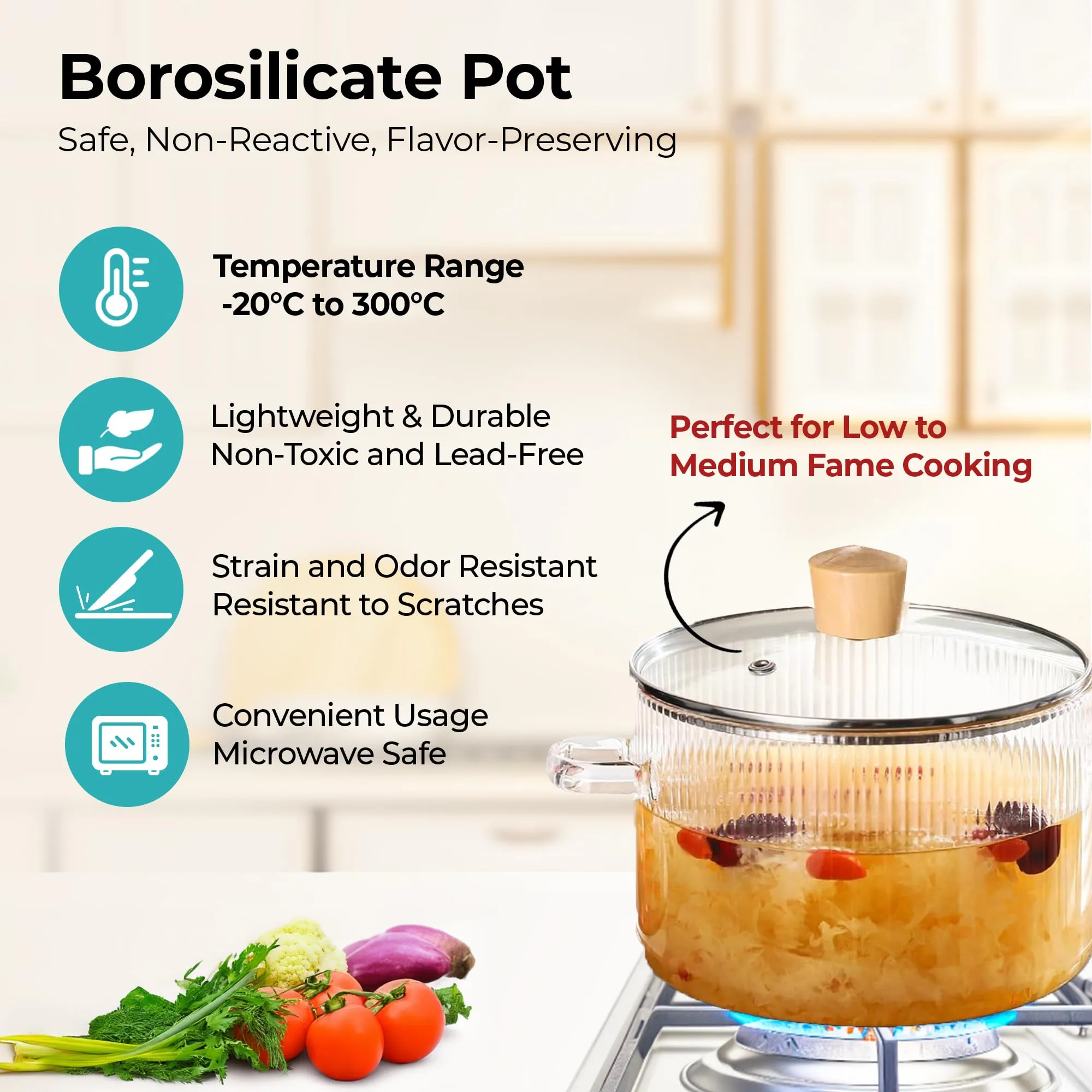 The Better Home zeno Borosilicate Glass Cookware for Gas Stove (1.45L) Tope with Lid & Handle | Handi Casserole | Small Milk/Tea Pan | Boiling Pan | Patila for Cooking | Housewarming Gifts (Clear)