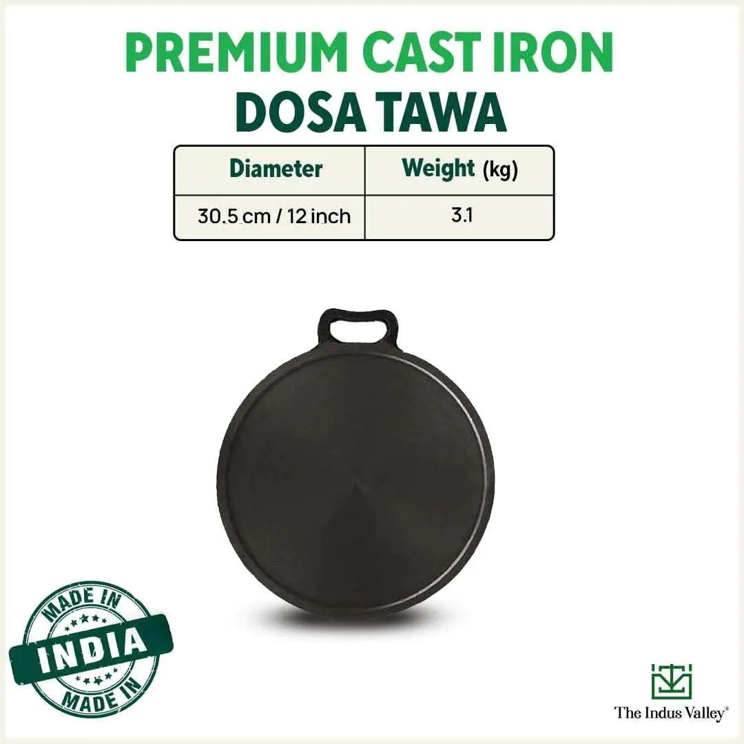 The Indus Valley Super Smooth Cast Iron Tawa for Dosa/Chapathi   Free Spatula | 30.5cm/12 inch, 3kg | Induction Friendly | Naturally Nonstick, Pre-Seasoned Tawa, 100% Pure & Toxin-Free