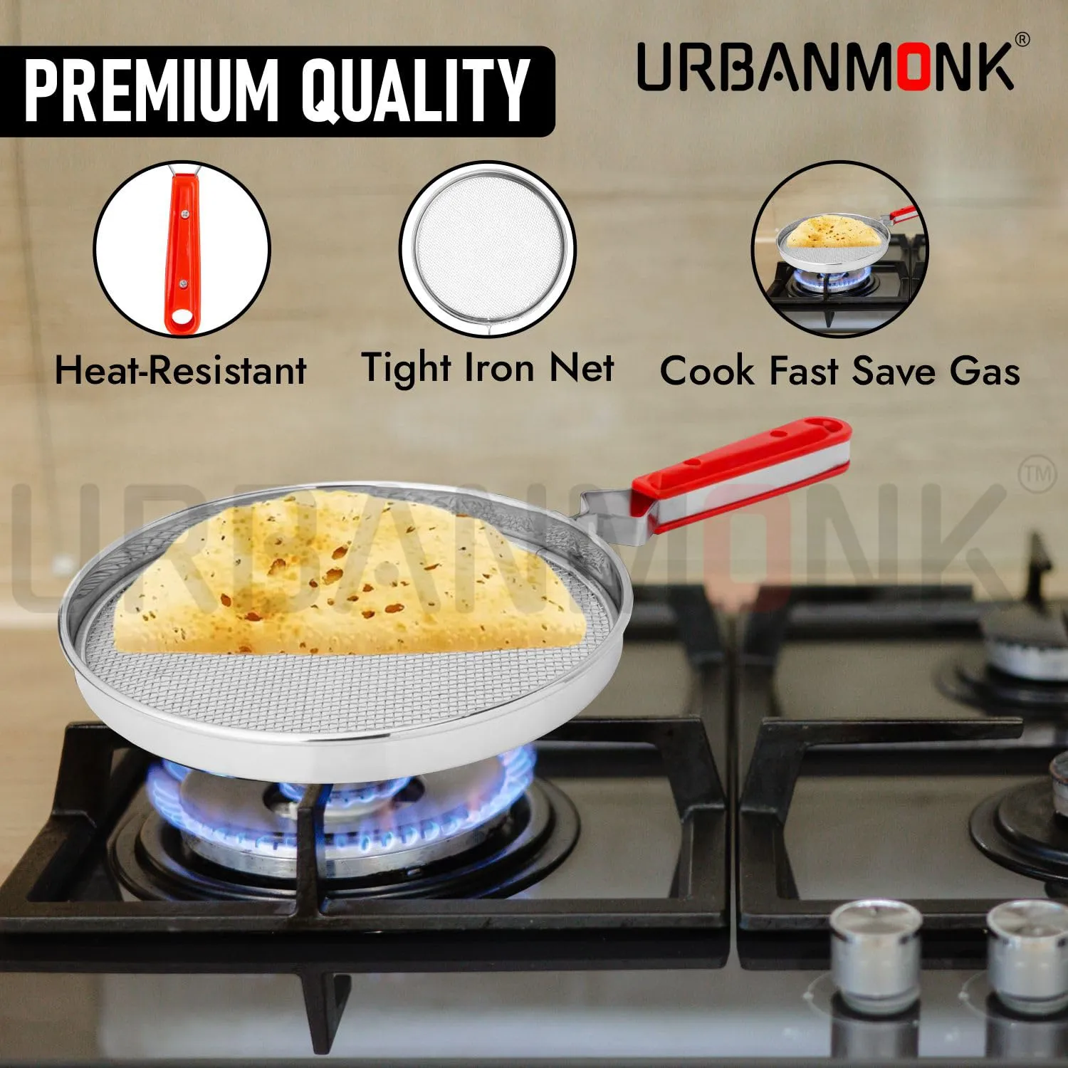 URBANMONK Phulka Grill for Gas Stove | Jali for Kitchen Cooking |pulka Grill for Home Gas Stove | Gas Grill Tawa, Papad & Brinjal Roaster | Free Silicon Spatula & Oil Brush Set