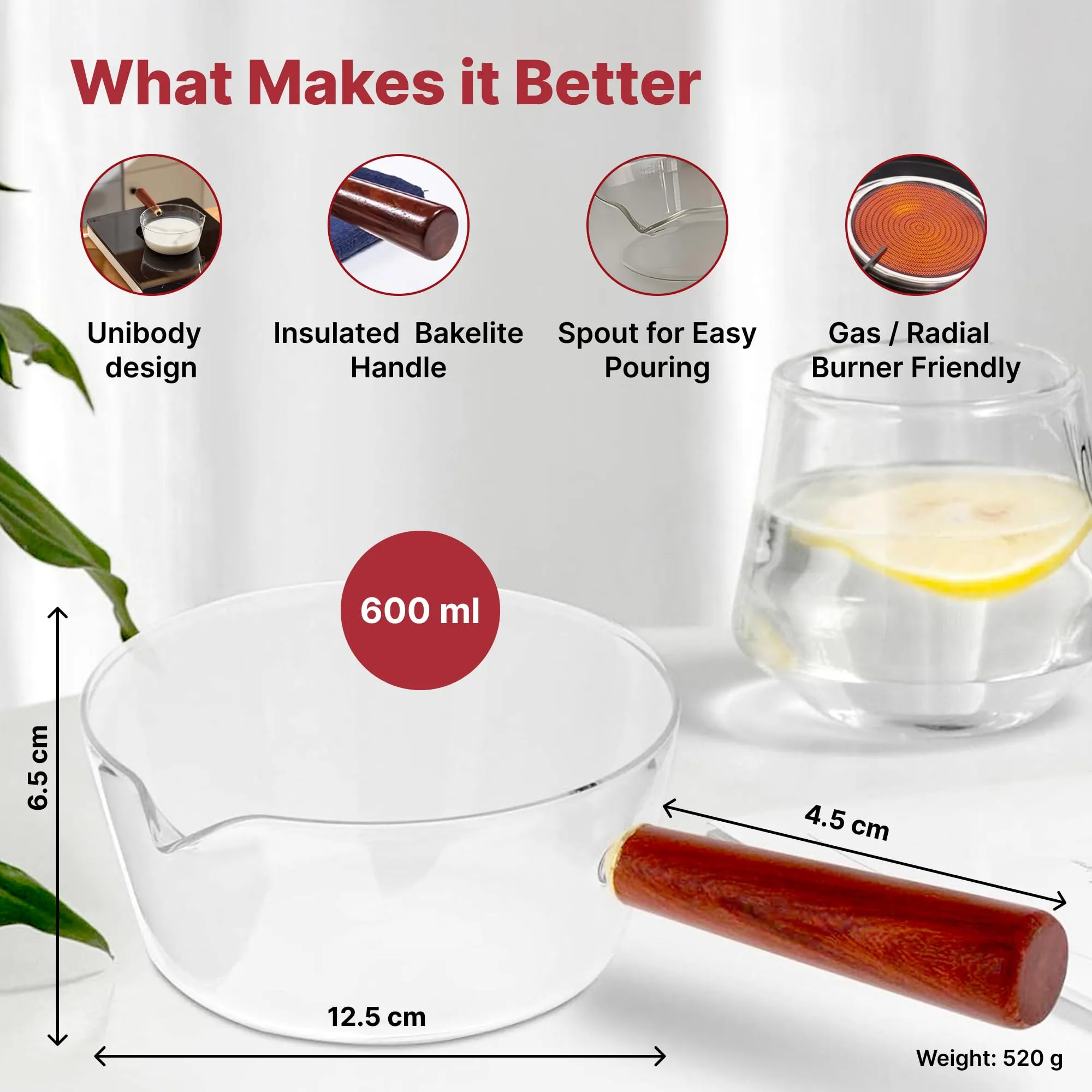 USHA SHRIRAM Borosilicate Sauce Pan with Lid & Handle (600ml) | Small Milk Tea Pan | Boiling Pan | Patila for Cooking, Boiling | Glass Cookware for Gas Stove | Gift for Housewarming (Transparent)