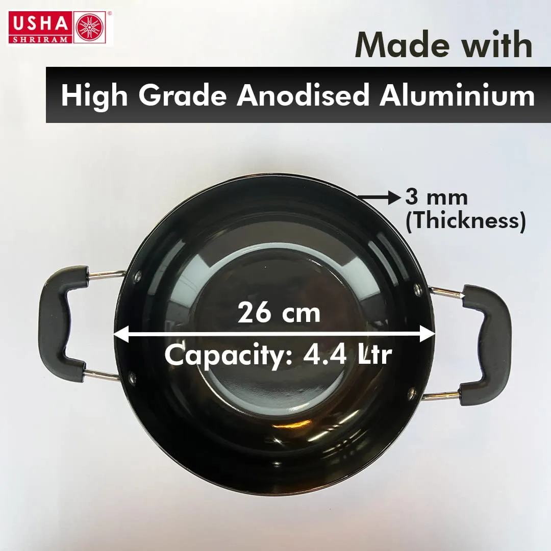 USHA SHRIRAM Non Stick Cookware Set - Fry Pan 26 cm & Kadai 4.4 litres | Induction & Gas Kadai with Glass Lid | Scratch Resistant | Anodised Aluminium Kadai | Sturdy Handles- Kitchen Set for Home