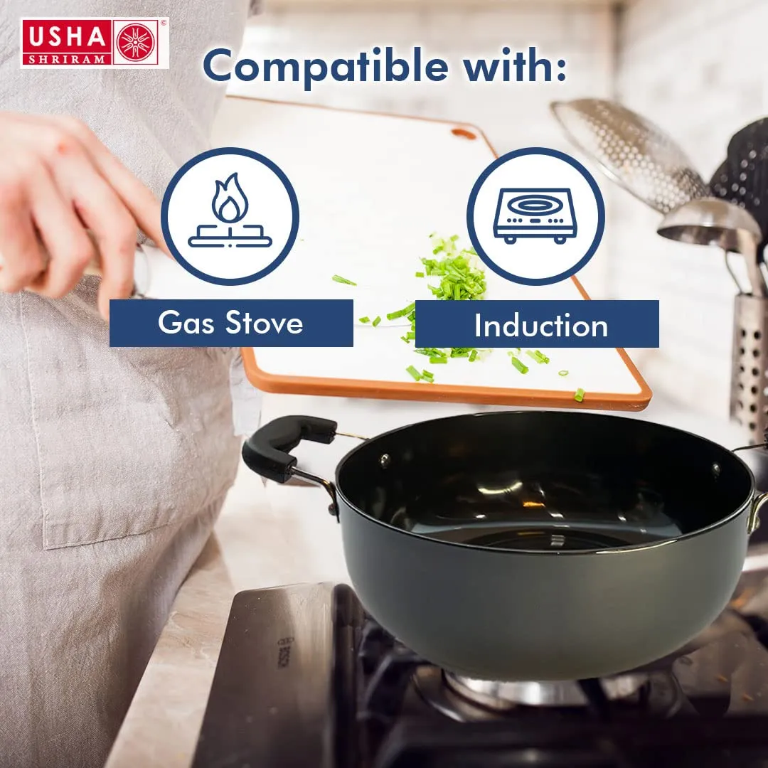 USHA SHRIRAM Non Stick Cookware Set - Fry Pan 26 cm & Kadai 4.4 litres | Induction & Gas Kadai with Glass Lid | Scratch Resistant | Anodised Aluminium Kadai | Sturdy Handles- Kitchen Set for Home